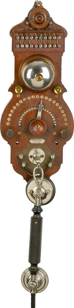 L.M. Ericsson Intercom Telephone, c. 1895
20-line wall telephone, walnut base, bell, handset with