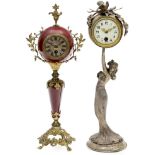 2 German Mantel Clocks with Lenzkirch Movements
1) Art Nouveau figural clock, spelter female