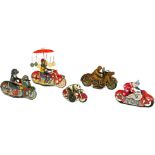 5 Tin Toy Motorcycles, 1960 onwards
Lithographed tin. 1) Trick motorcyclist, probably Japan. - 2)