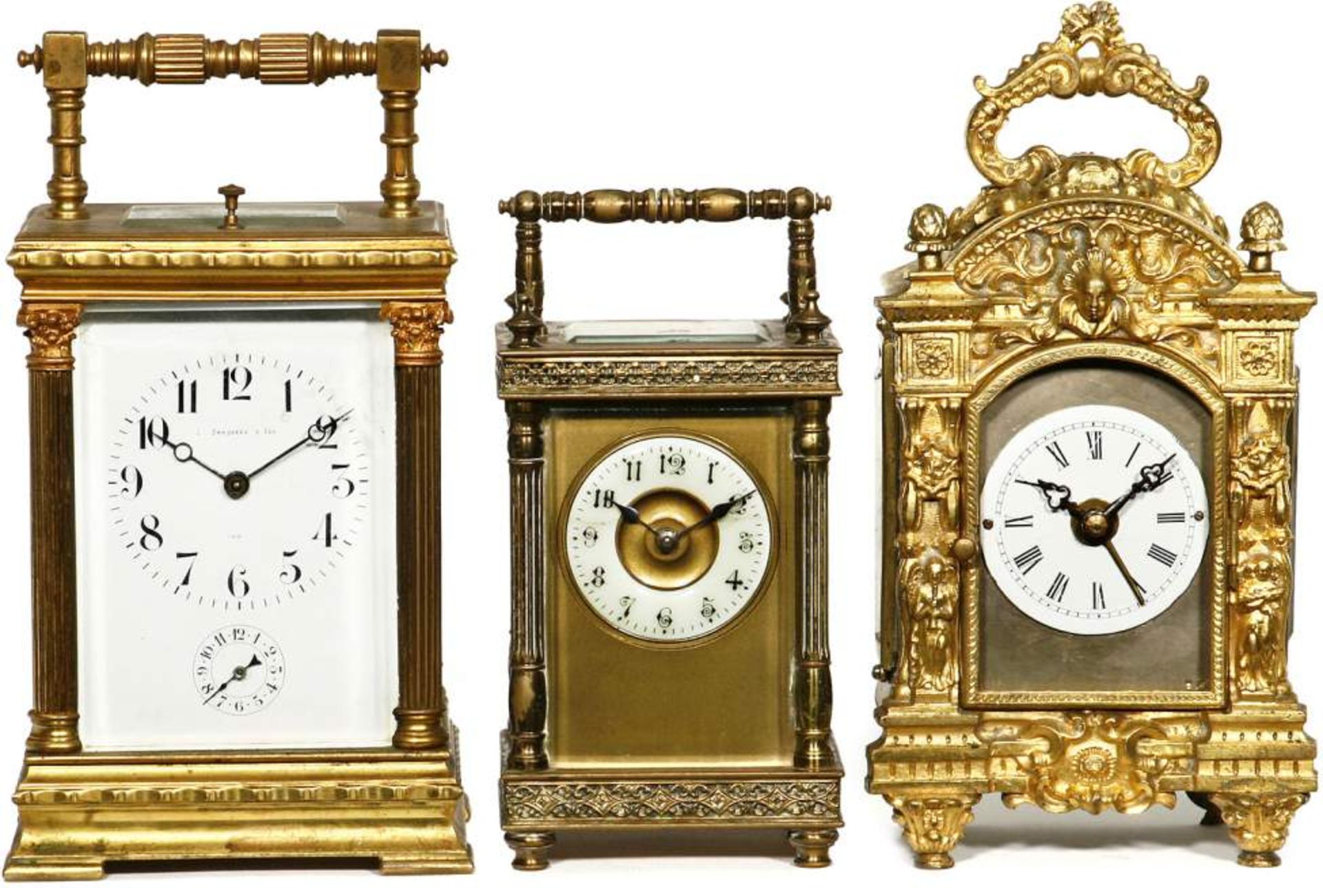 3 Gilt-Brass Carriage Clocks, c. 1900
1) French, dial signed "L. Sandgren & Son", with alarm and