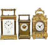 3 Gilt-Brass Carriage Clocks, c. 1900
1) French, dial signed "L. Sandgren & Son", with alarm and