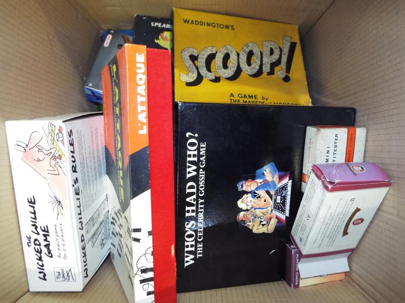 A collection of vintage board and puzzle games to include Waddingtons Scoop, L'Attaque,