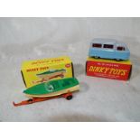 Two Dinky diecast models comprising Atlas Bus # 295 and Healey Sports Boat on Trailer # 796,
