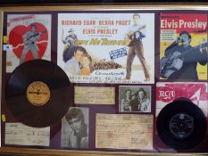 A montage of Elvis Presley memorabilia mounted and framed under glass,