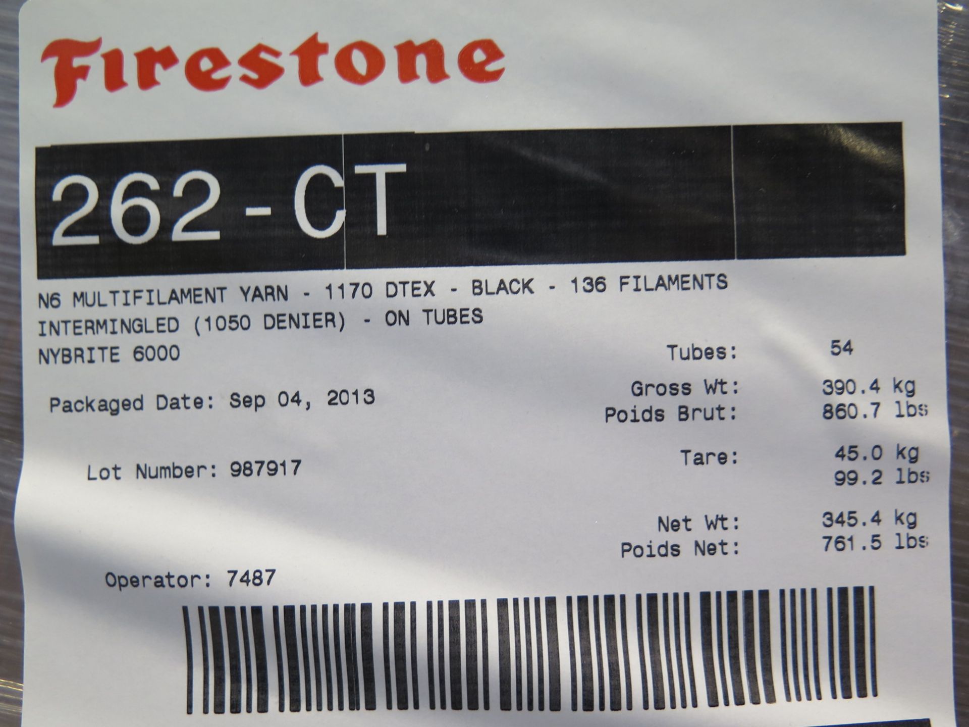 (7) Pallets of Firestone 262-CT N6 Multifilament Yarn Black-136 Filaments - Image 2 of 2