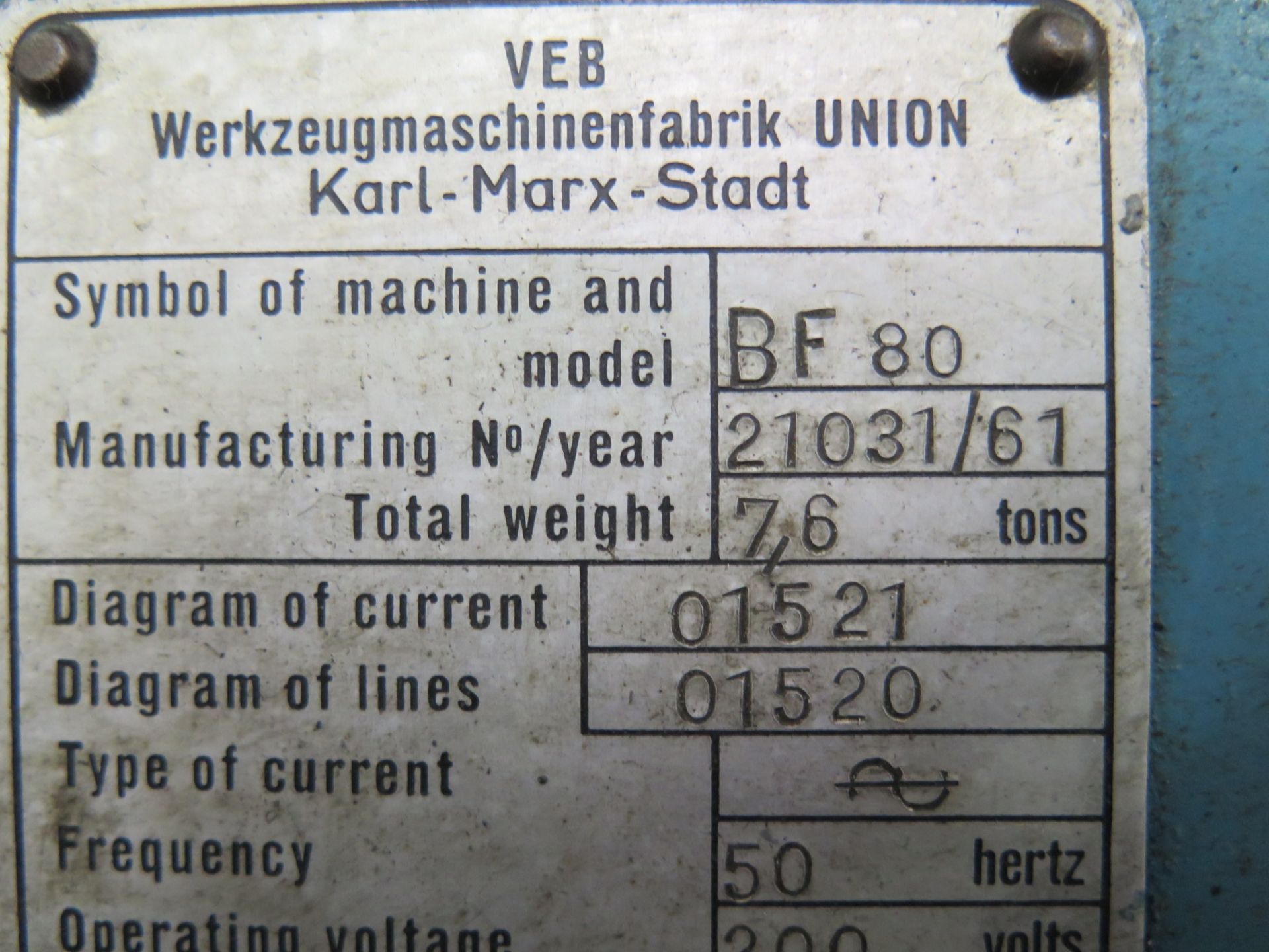 Union BF-80 Horizontal Boring Mill s/n 21031/61 w/ Newall DRO, 2.8-1000 RPM, Power Feeds, 19 Boring - Image 7 of 7