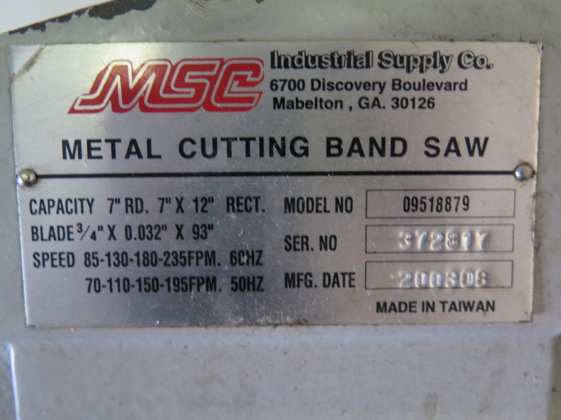 MSC 7â€ Metal Cutting Band Saw s/n 372817 w/ Manual Clamping, Work Stop, Coolant - Image 2 of 3