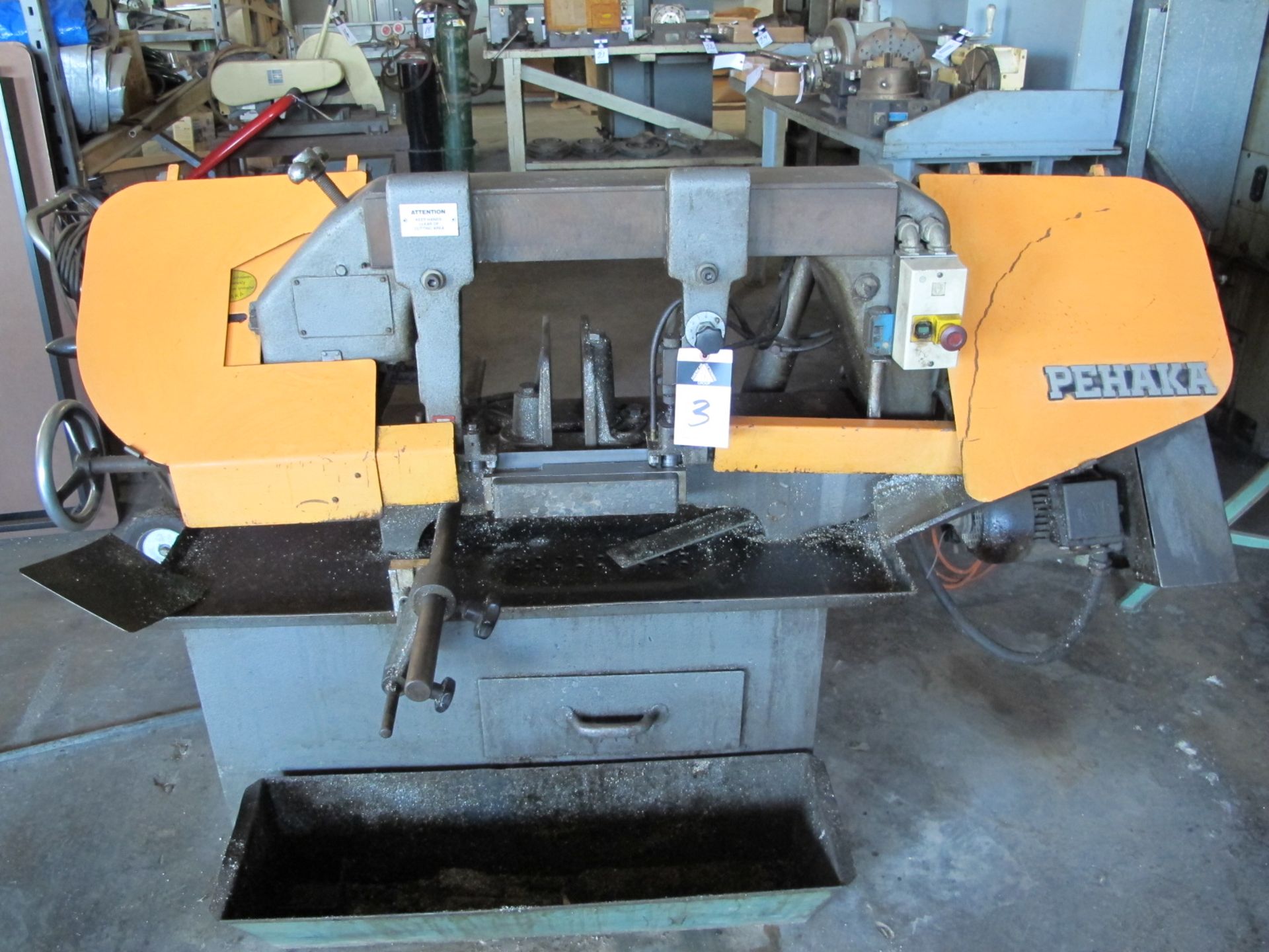 Pehaka HS260 10â€ Horizontal Band Saw s/n 37179-025512 w/ Manual Clamping, Work Stop, Coolant.