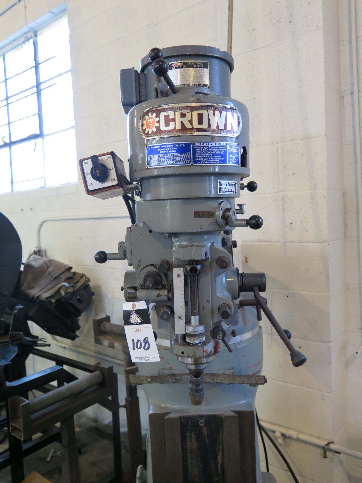 Crown mdl. NS-1 Â½ VA Vertical Mill s/n 7212095 w/ 2Hp Motor, 90-5720 RPM, 16-Speeds, 9â€ x 42â€ - Image 2 of 4