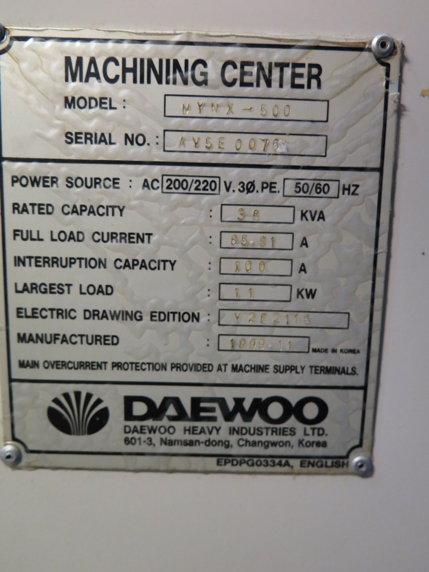 1999 Daewoo MYNX500 CNC Vertical Machining Center s/n AV5E-0076 w/ Fanuc Series 21-M Controls, 24- - Image 7 of 7