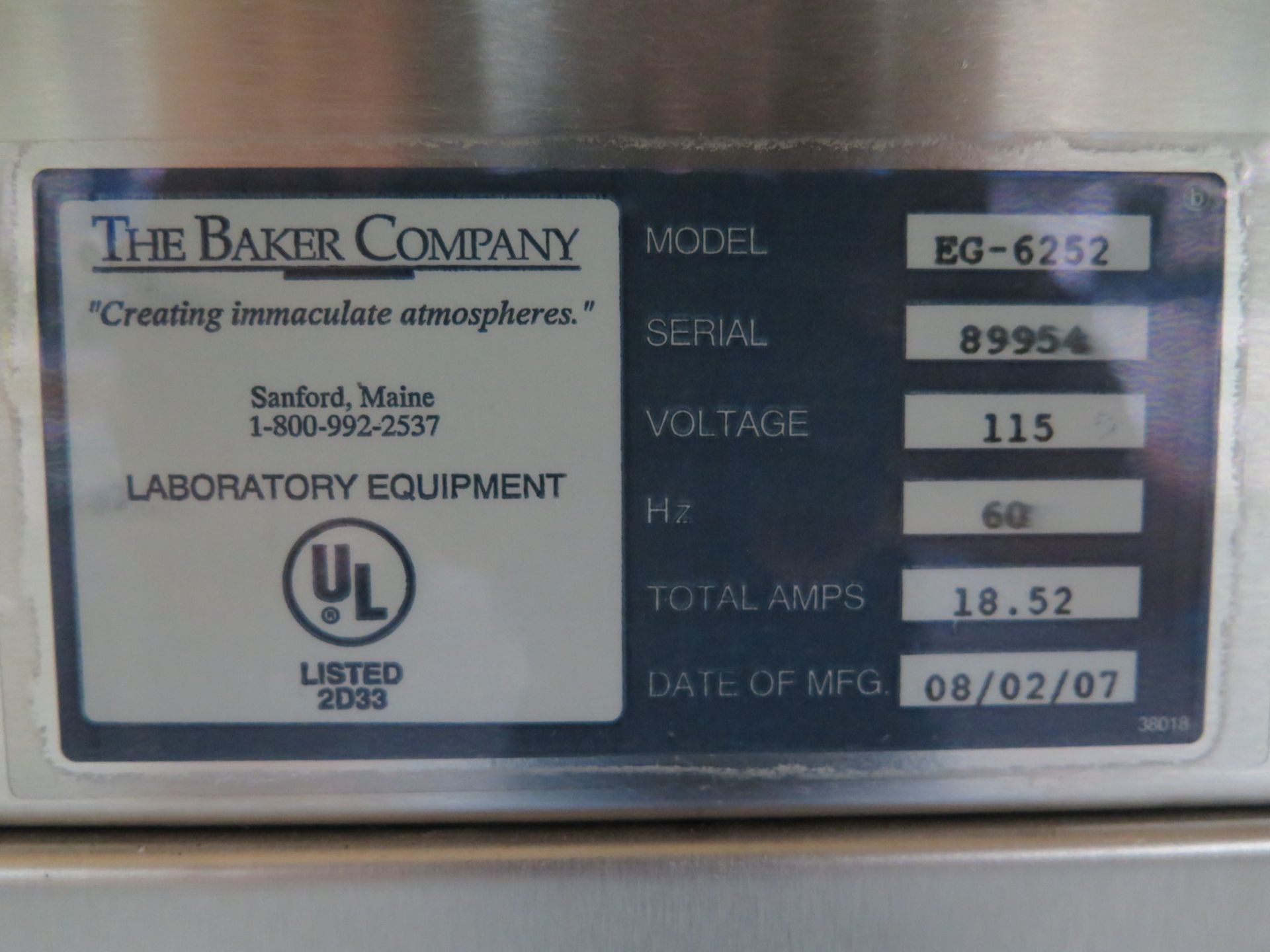 2007 Baker Co. mdl. EG-6252 Stainless Steel Laboratory Flow Hood s/n 89954 74”W x 34”D x 64”H - Image 7 of 7