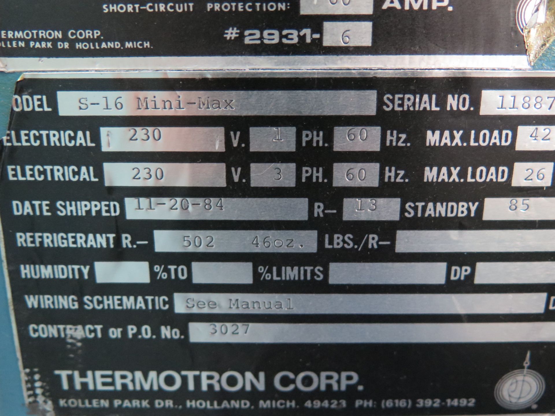 Thermotron mdl. S-16 Mini-Max Environmental Chamber s/n 11887 - Image 6 of 6