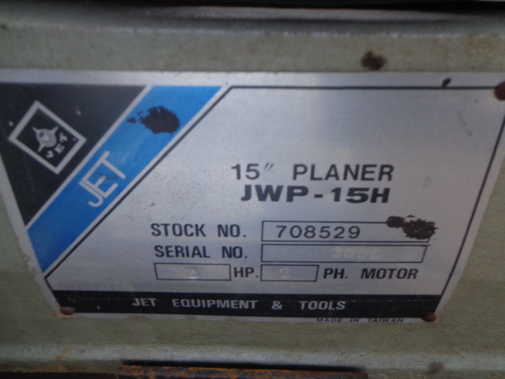 JET 15" PLANER JWP-15H 3HP, SN. 3606 - Image 2 of 2