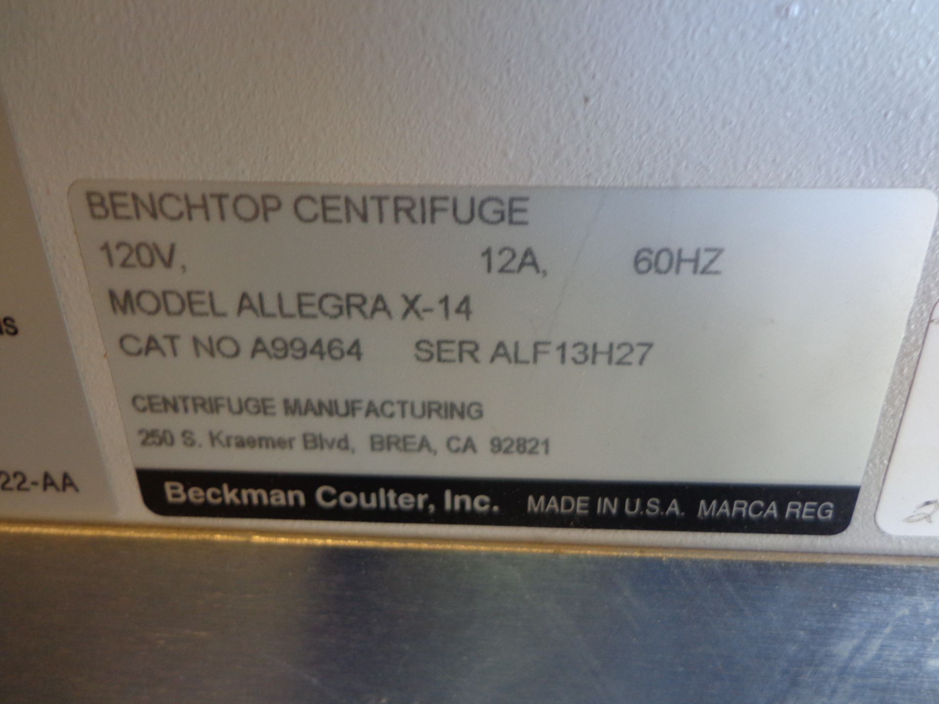 BECKMAN COULTER ALLEGRA X14 BENCHTOP CENTRIFUGE SN. ALF13H27 - Image 3 of 3