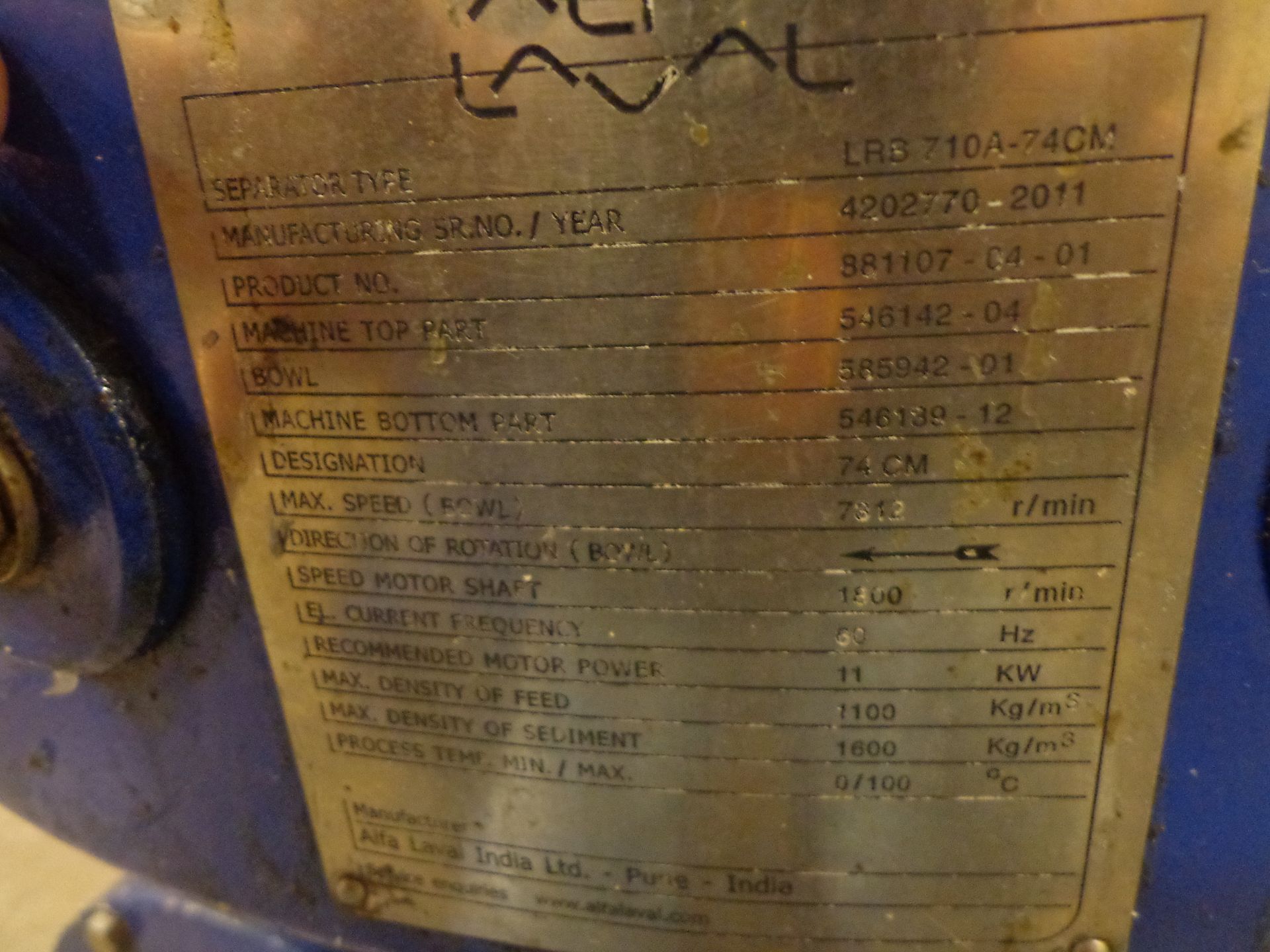 2011 ALFA LAVAL CENTRIFUGE SPERATOR TYPE LRB710A-74CM (SOLD SUBJECT TO BULK BID OFFERING) - Image 3 of 3
