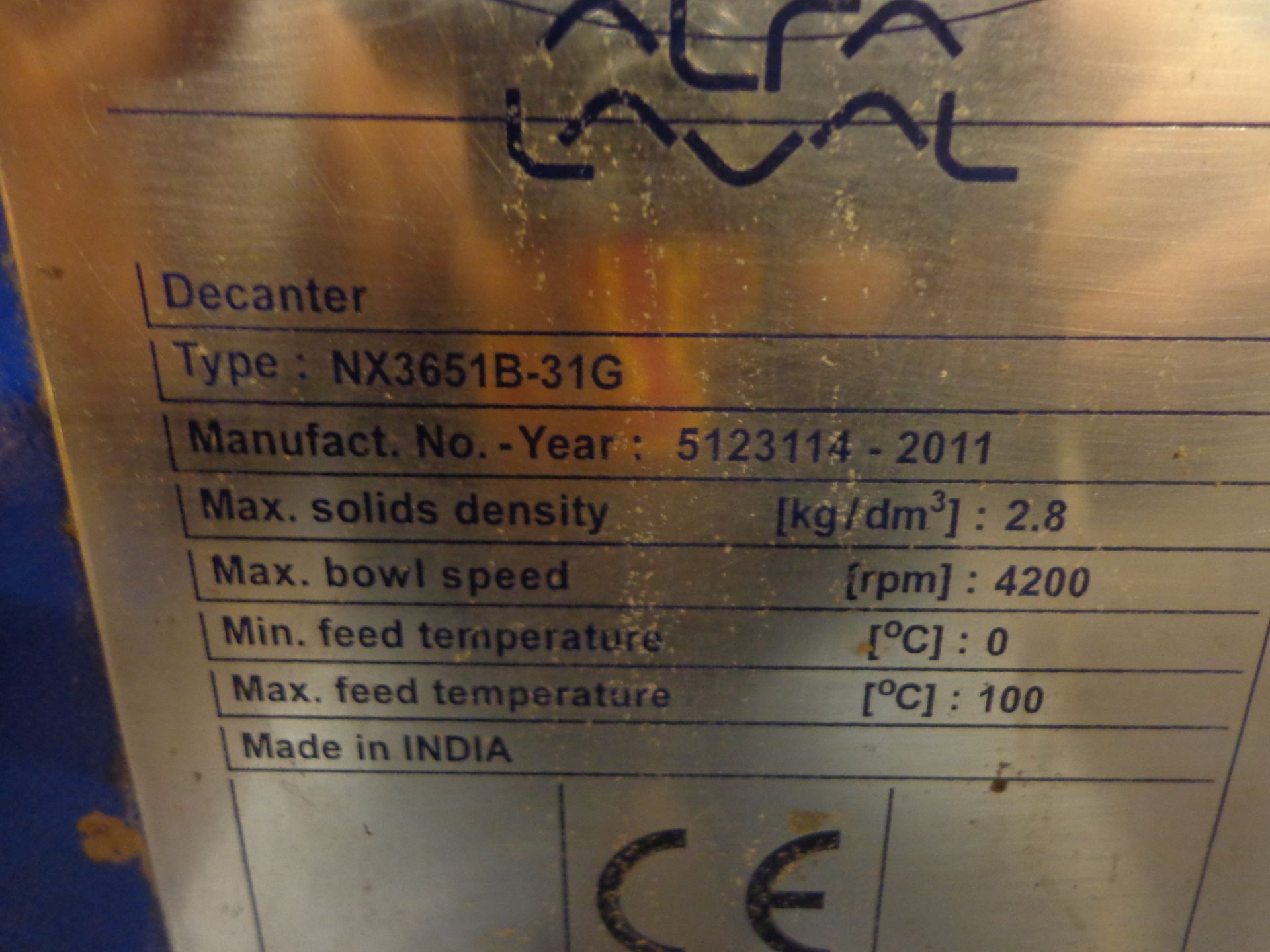 2011 ALFA LAVAL DECANTER, TYPE NX3651B-316 SN. 5123114 (SOLD SUBJECT TO BULK BID OFFERING) - Image 4 of 7