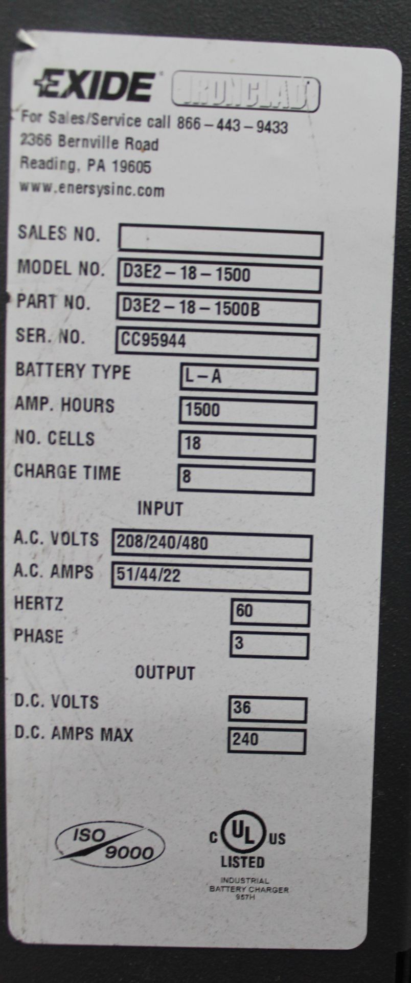 EXIDE DEPTH ELECTRIC FORKLIFT BATTERY CHARGER, 36V - Image 4 of 4