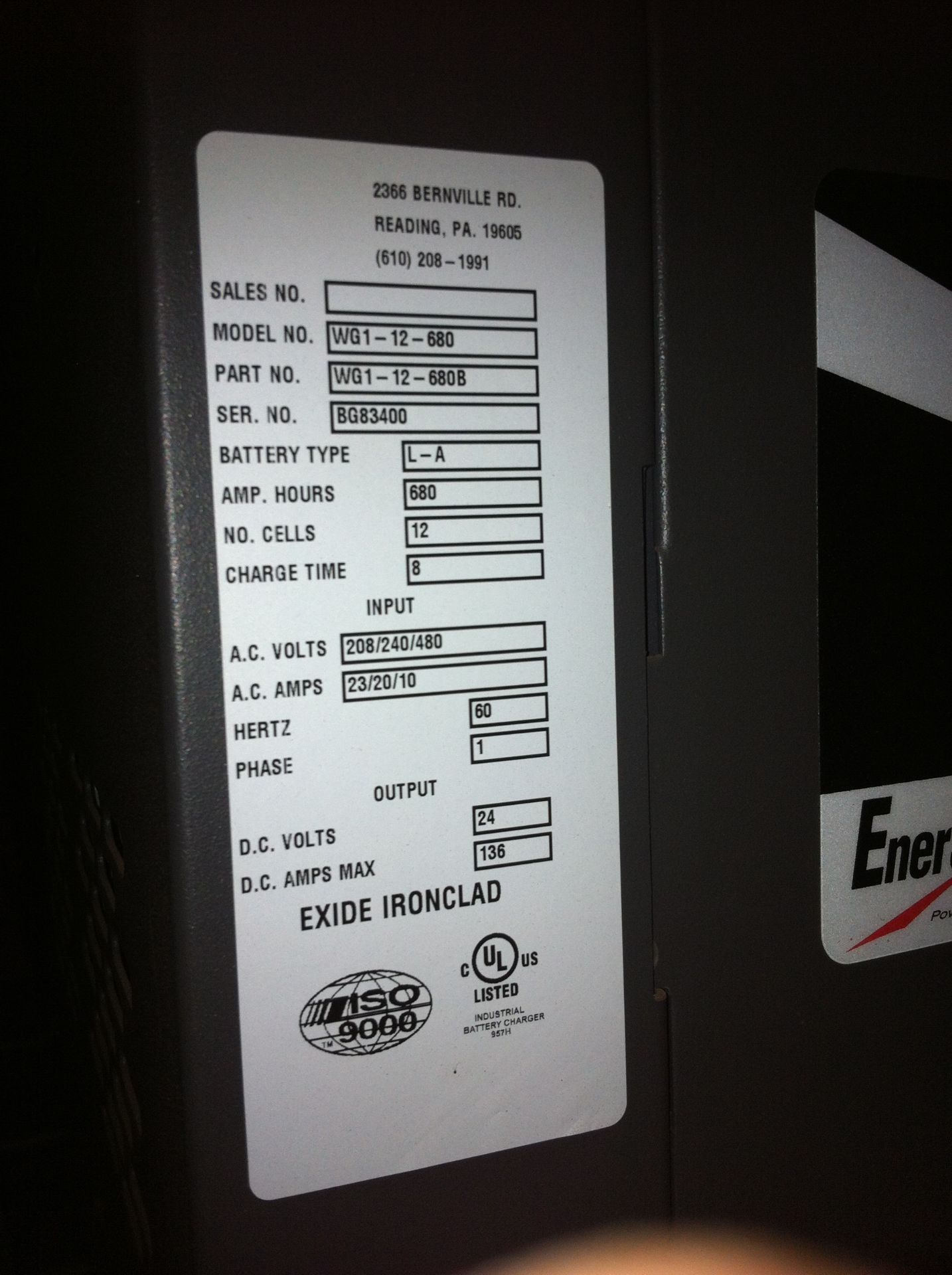 EXIDE 24 VOLTS ELECTRIC FORKLIFT BATTERY CHARGER - Image 2 of 4