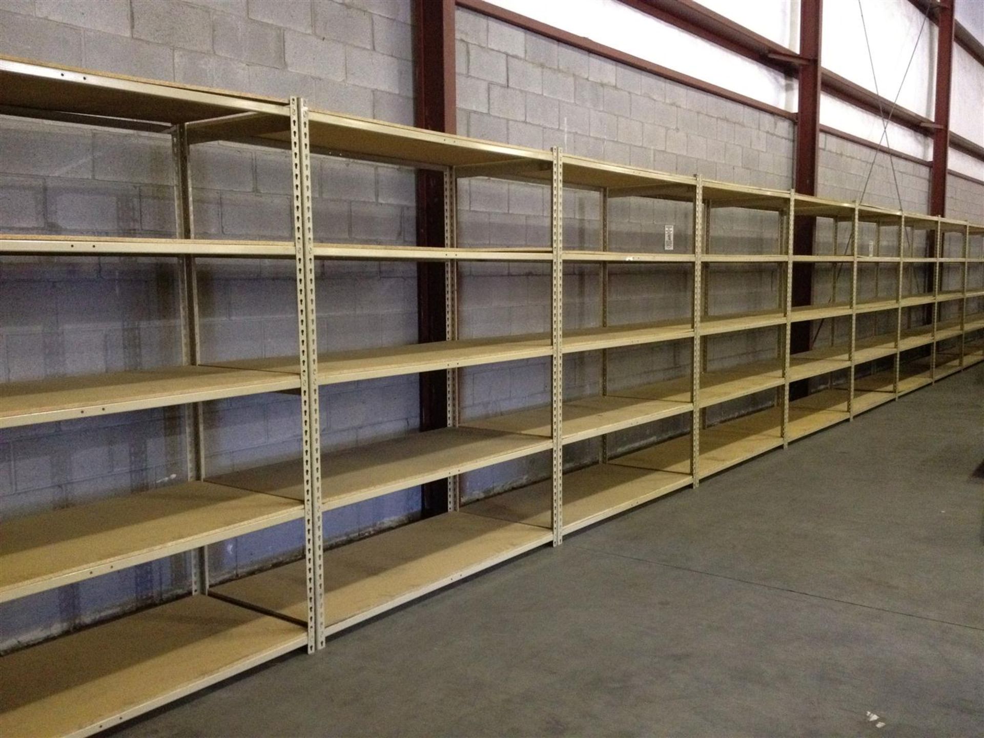 50 SECTIONS OF RIVETIER INDUSTRIAL SHELVING,  EACH SIZE 28"D X 65"W X 84"H, COLOR: MANILA, 5 SHELVES