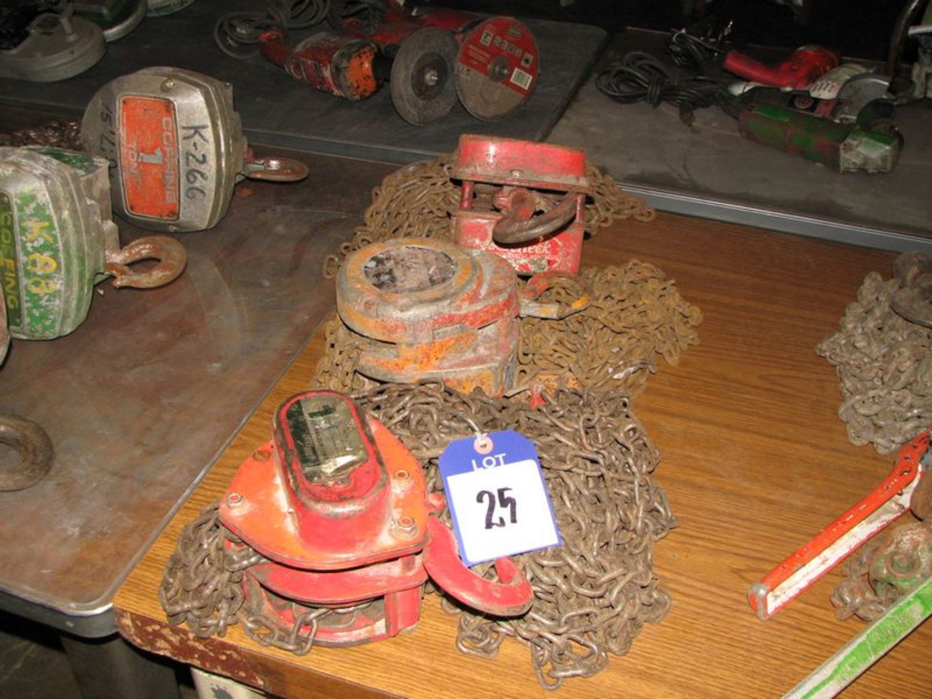 Lot (3) chain hoists; (2) 1-1/2 ton, (1) 1 ton