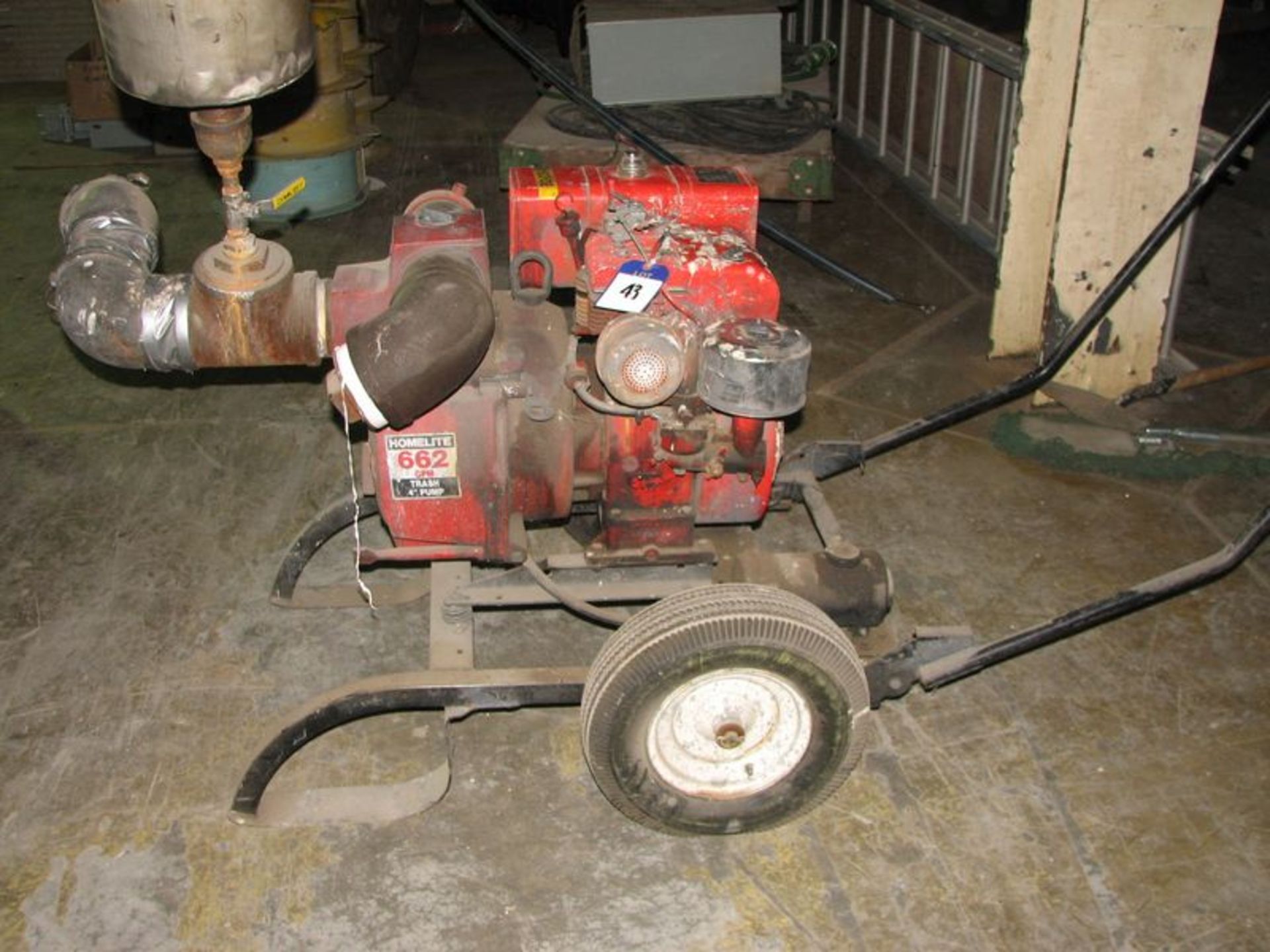 Homelite 4" gas powered trash pump, M/N 1601 PA 10, S/N 58003, 662 gpm, mobile