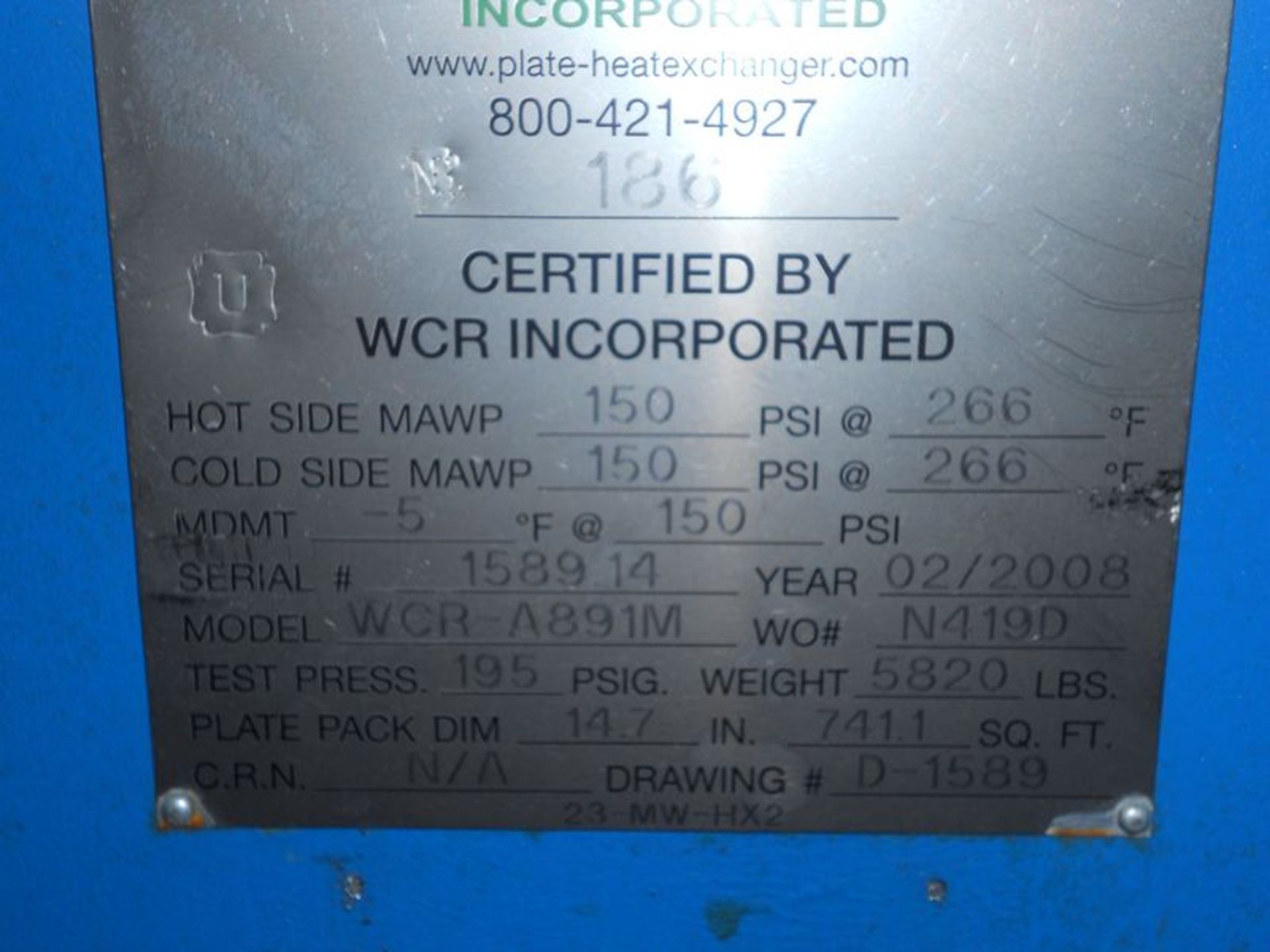 WCR plate heat exchanger, M/N WCRA891M, S/N 1589.6, stainless, MAWP (hot/cold), 150 psi at 266 DegF, - Image 3 of 3