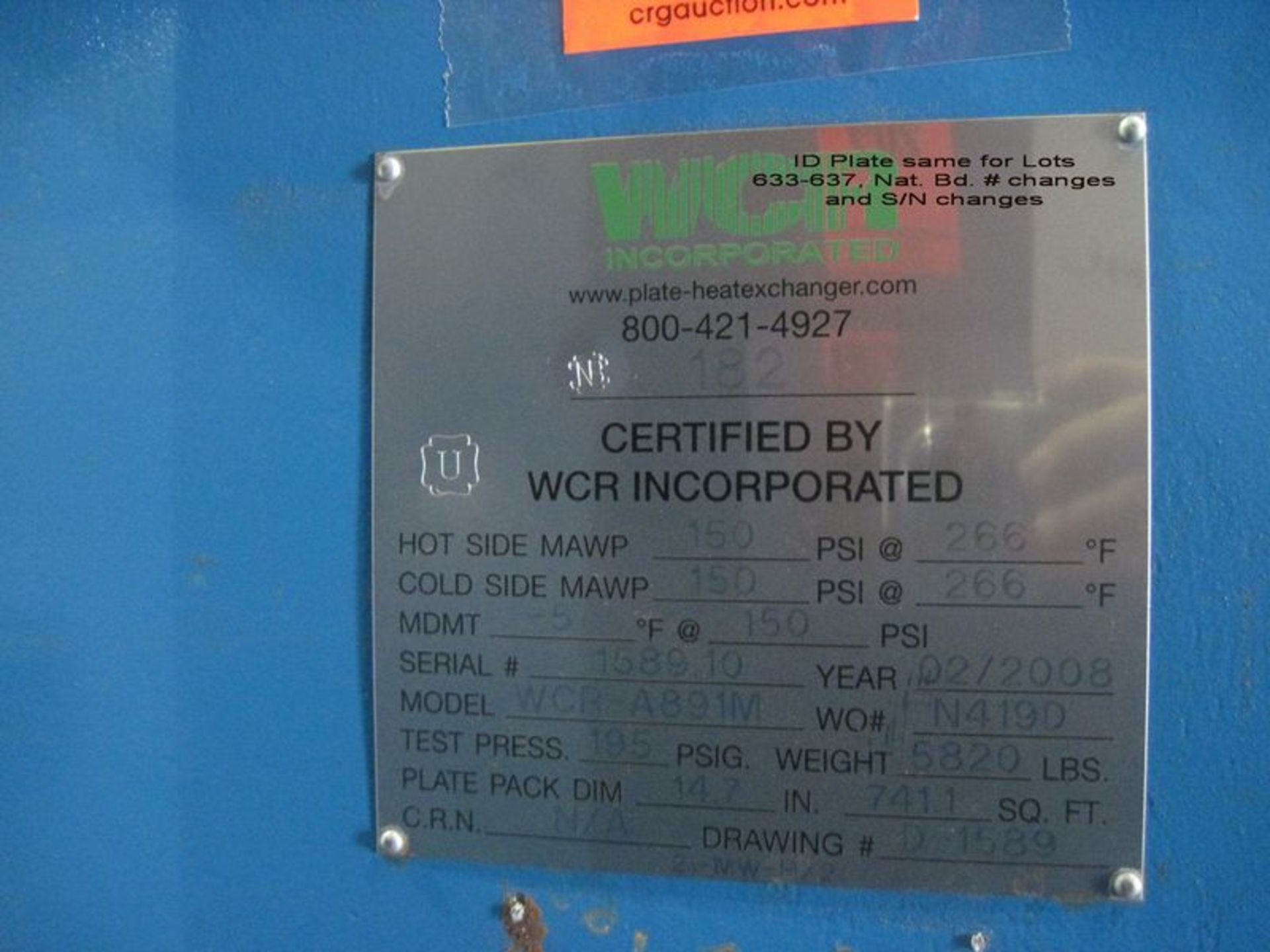 WCR plate heat exchanger, M/N WCRA891M, S/N 1589-20, stainless, MAWP (hot/cold), 150 psi @ 266 DegF, - Image 2 of 2