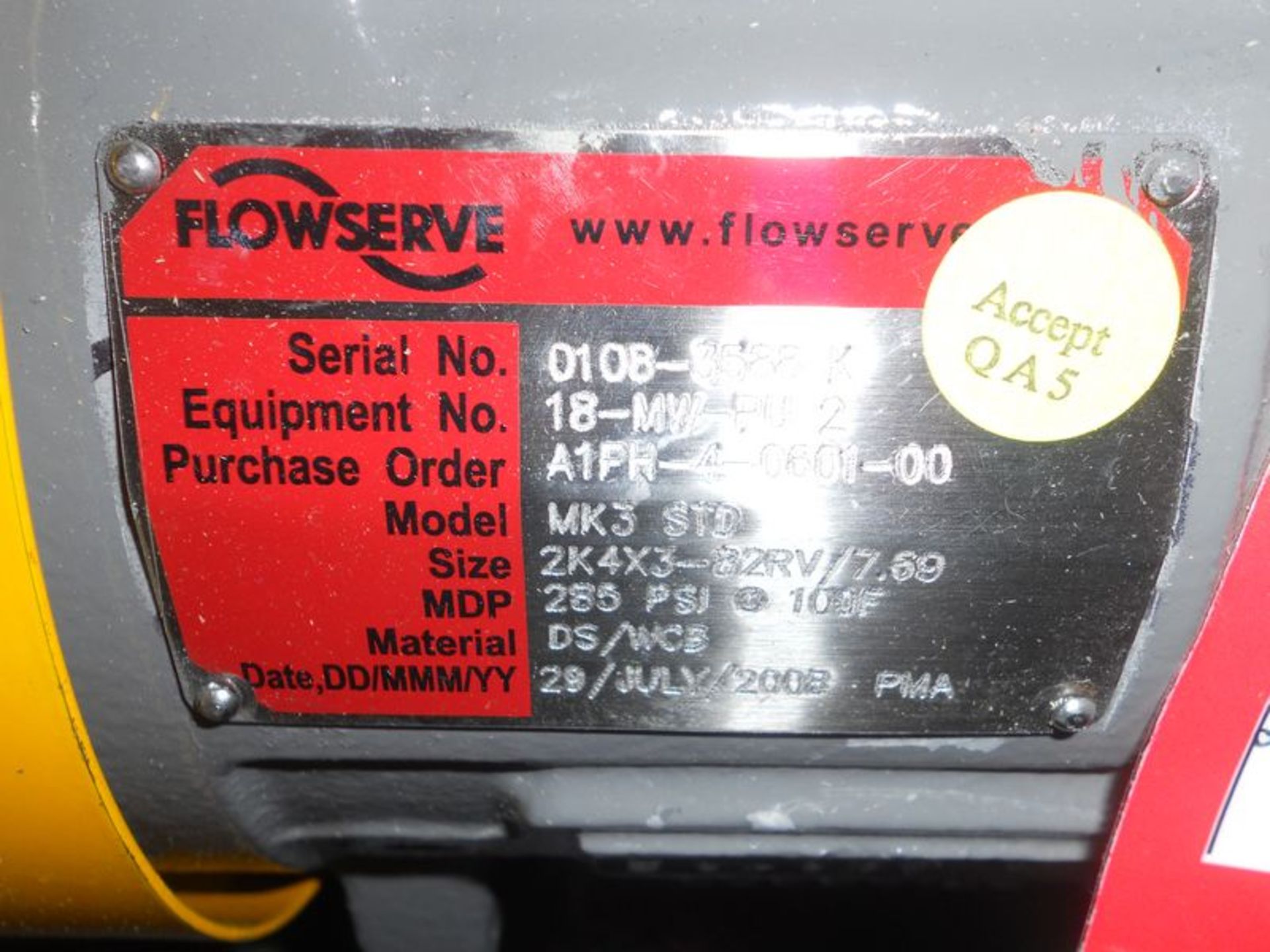 FlowServe MK3 STD centrifugal pump, S/N 0108-3591-L, 4" X 3", 60 HP, MDP 285 psi @ 100 DegF, Size - Image 5 of 6
