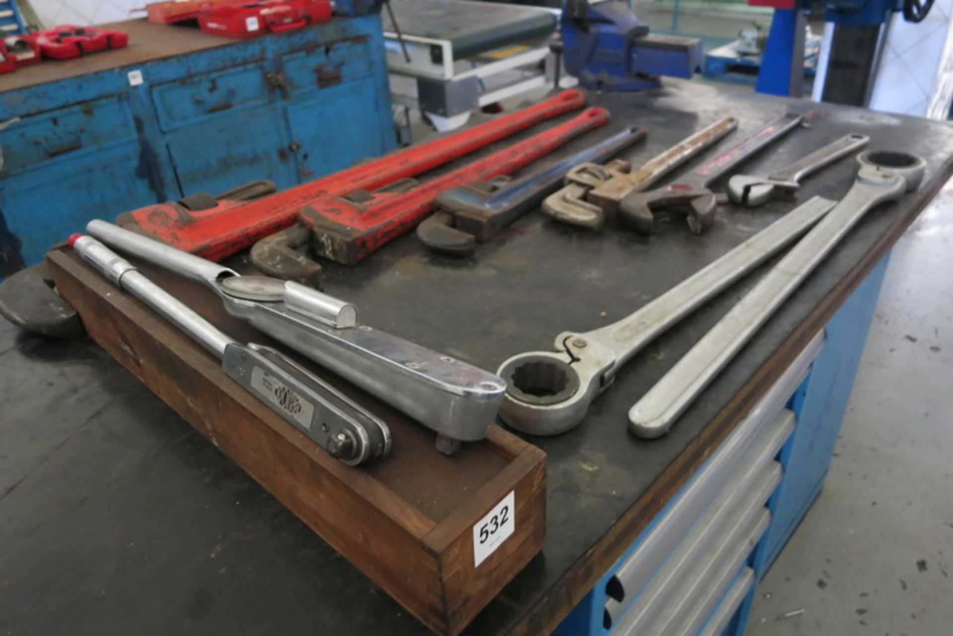 Various wrenches, including: torque, pipe, crescent with pipe cutter