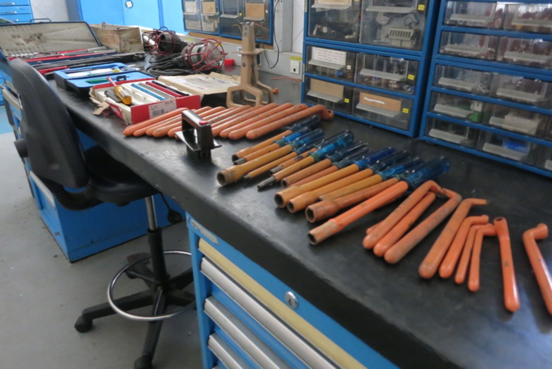 Electrical tools, wire strippers, testers, wrenches (contents on bench) - Image 2 of 2