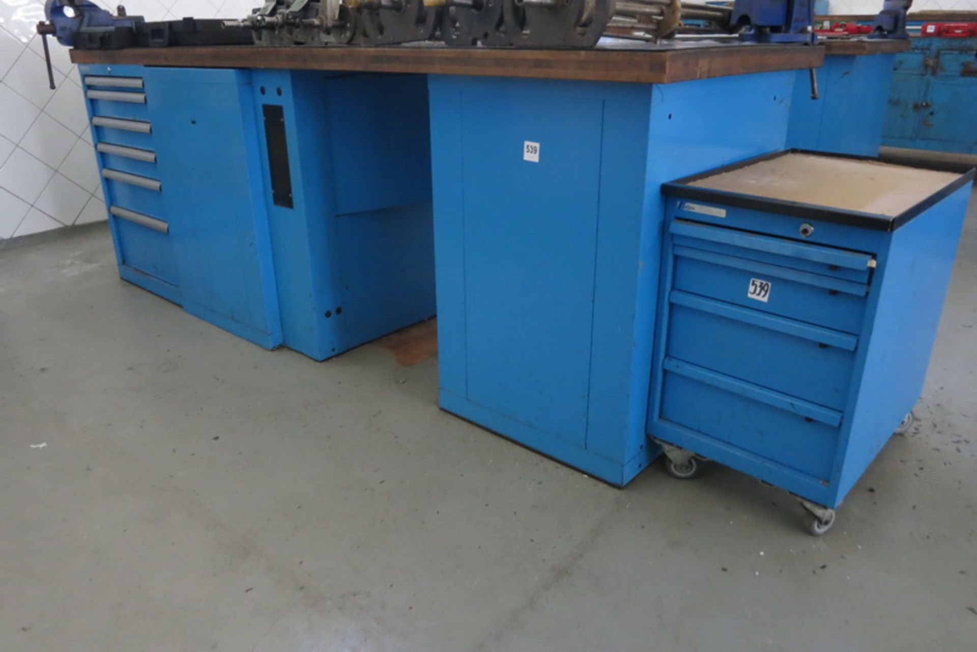 Lista work bench, with 3-parts drawers, (2) vises & mobile cabinet