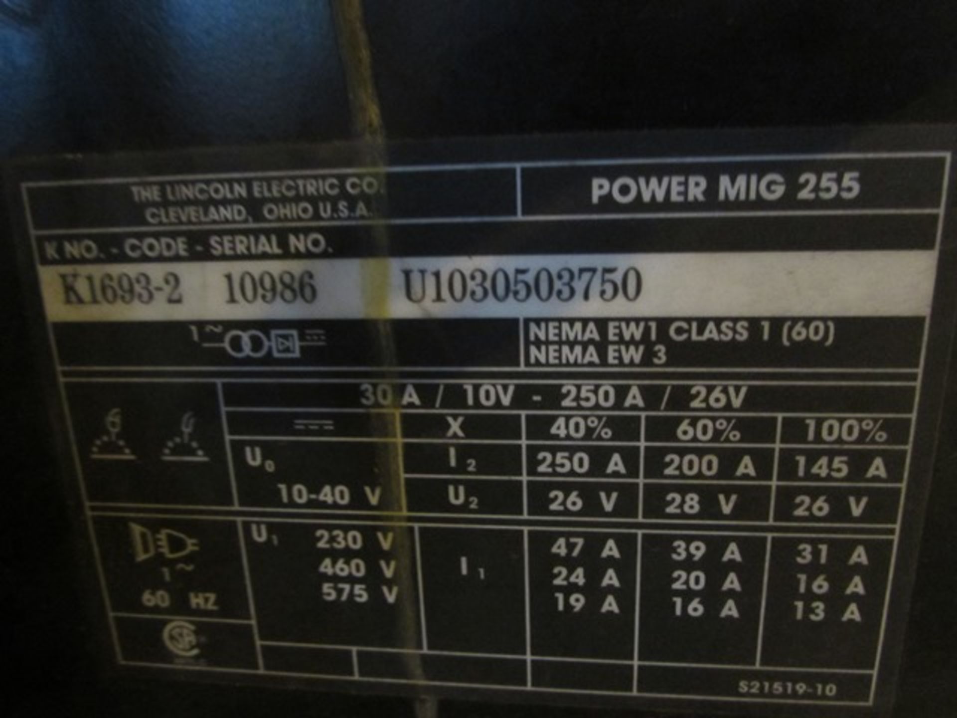 Lincoln Electric Power Mig 255 mig welder S/N - U1030503750 - Image 3 of 3