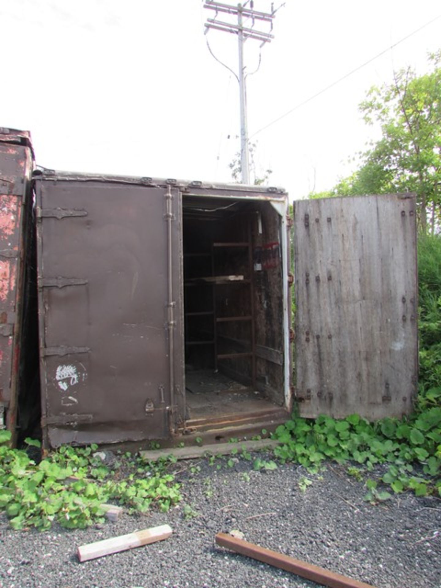 48' Storage trailer c/w barnyard doors, metal shelving