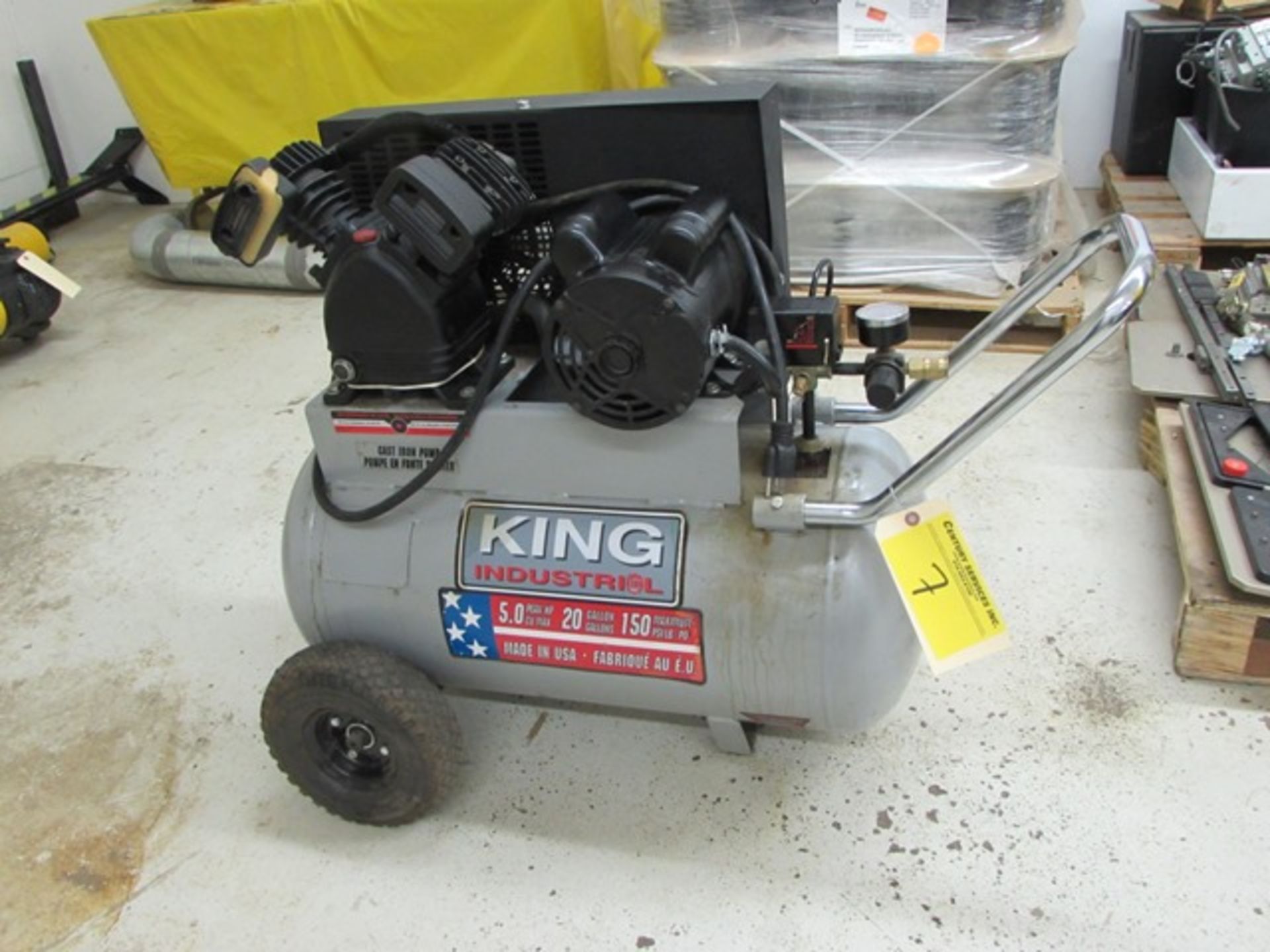 5Hp King Industrial portable air compressor c/w pneumatic tires, 20 gal capacity