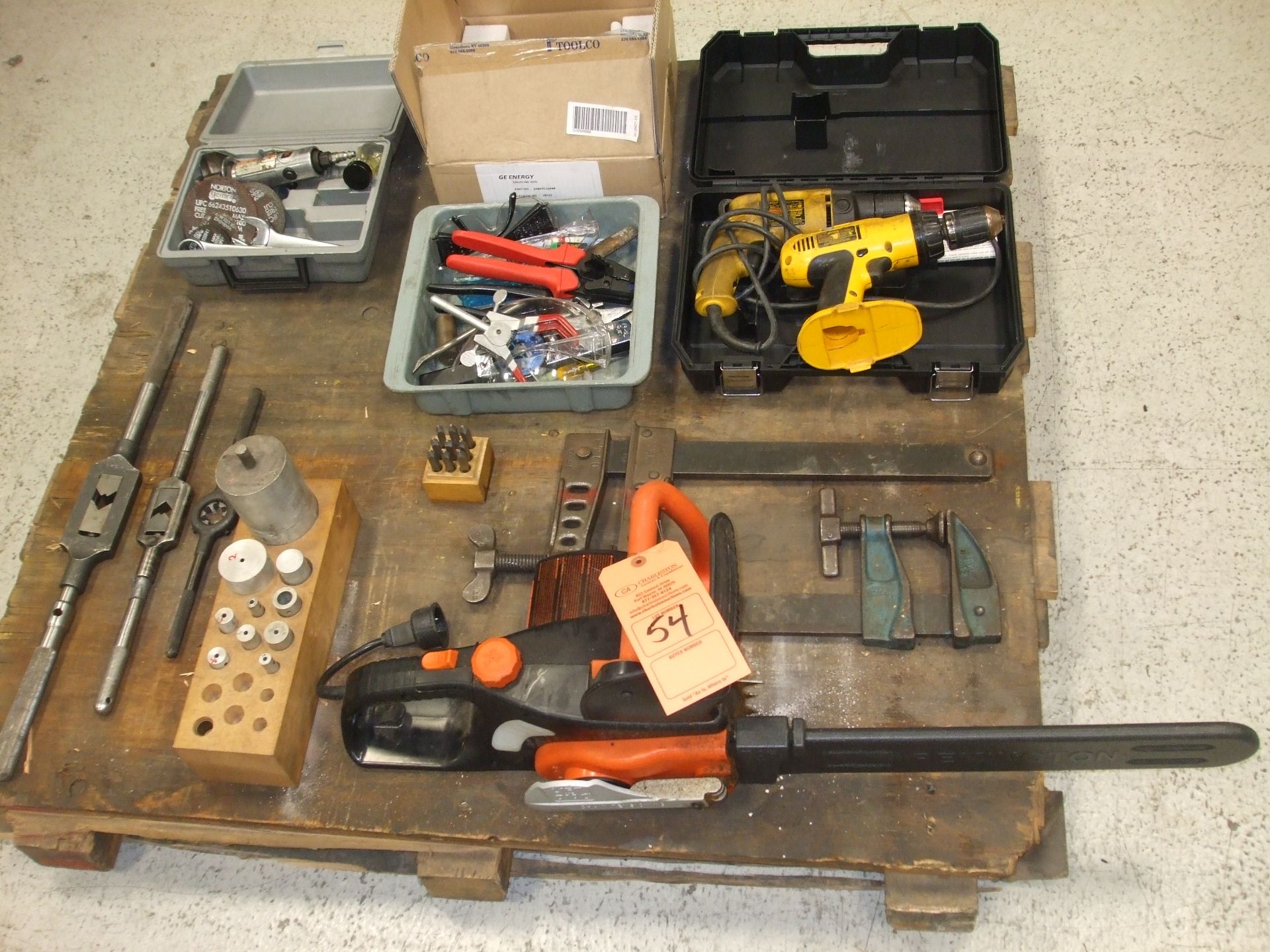 PALLET OF (1) REMINGTON ELECTRIC CHAIN SAW; (2) DEWALT DRILLS; MISC HAND TOOLS