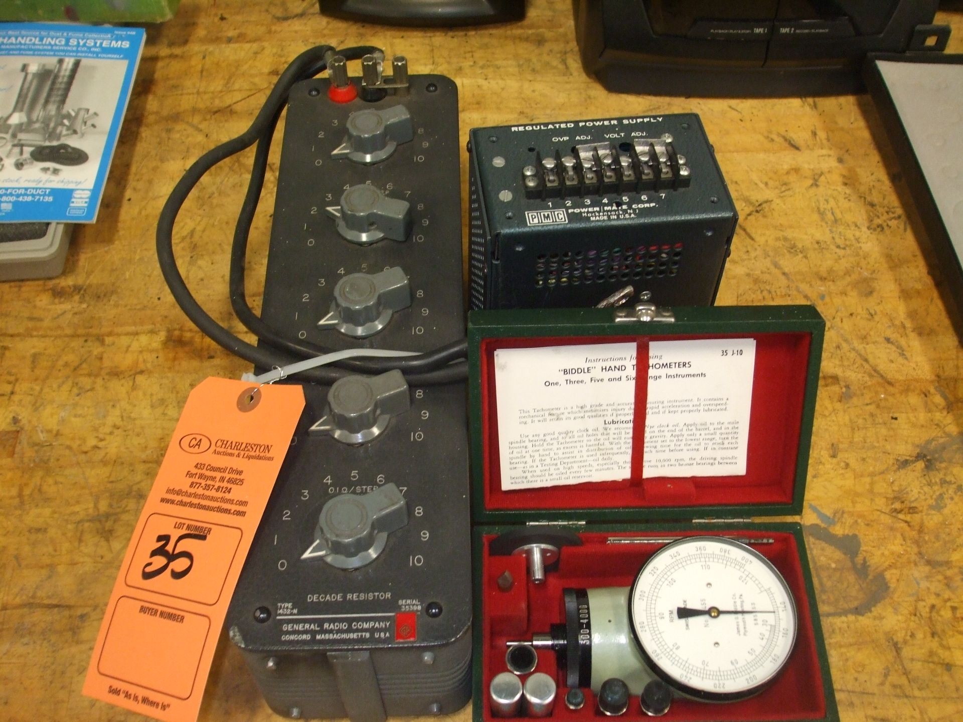 (1) GENERAL RADIO CO. DECADE RESISTOR; (1) BIDDLE HAND TACHOMETER; (1) PMC REGULATED POWER SUPPLY