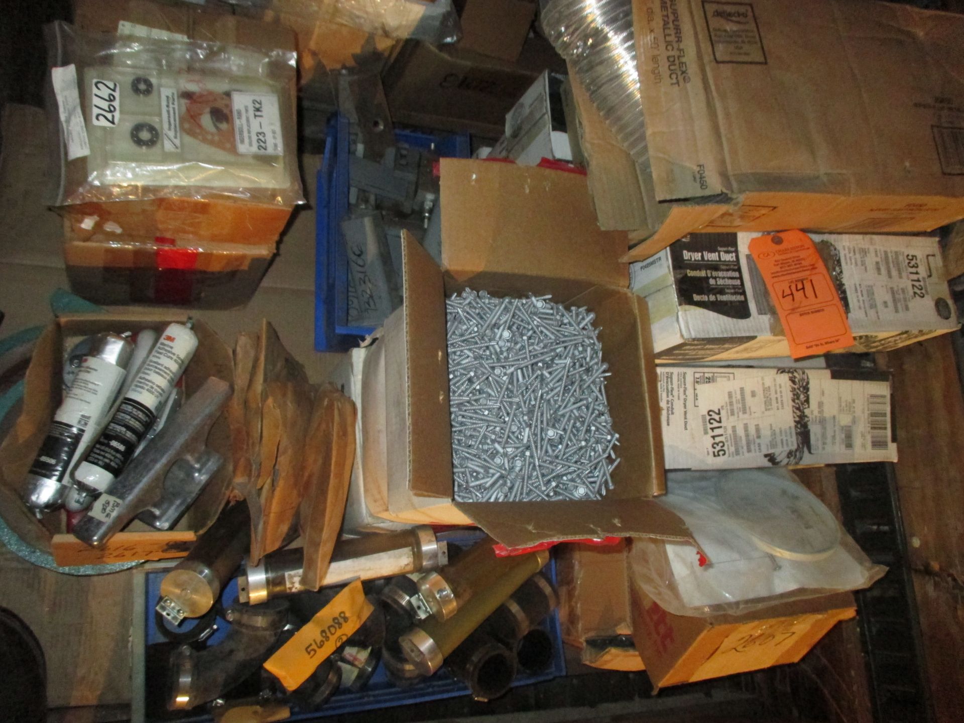 PALLET OF MISC INCLUDING SEVERAL BOXES OF ELCO SCREWS; DELLECTO DRYER-VENT DUCT; CLAMPS;
