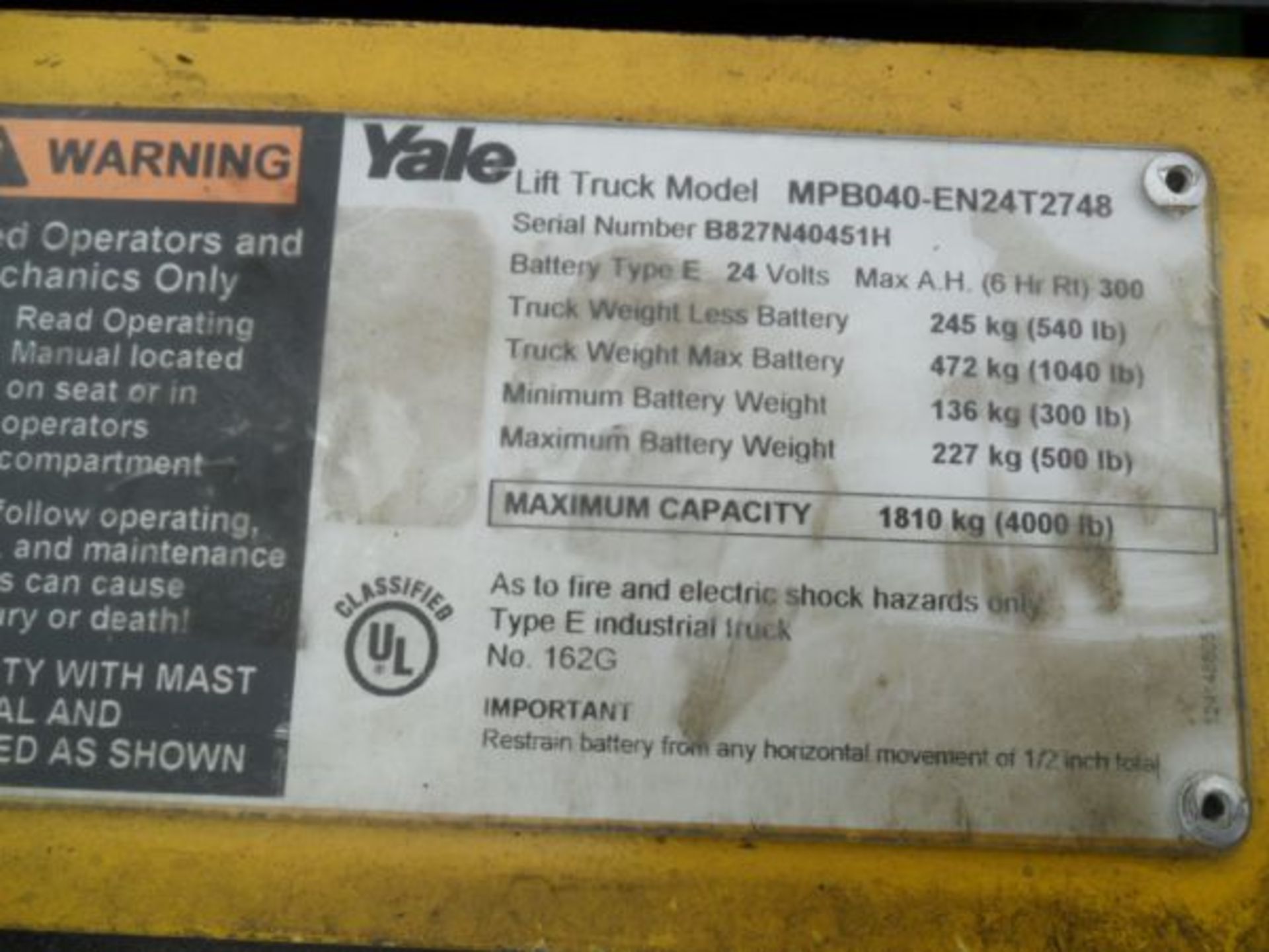 4,000 LB YALE MODEL MPB040-EN24T2748 WALK BEHIND ELECTRIC PALLET TRUCK; S/N B827N40451H, 48" FORKS, - Image 4 of 4