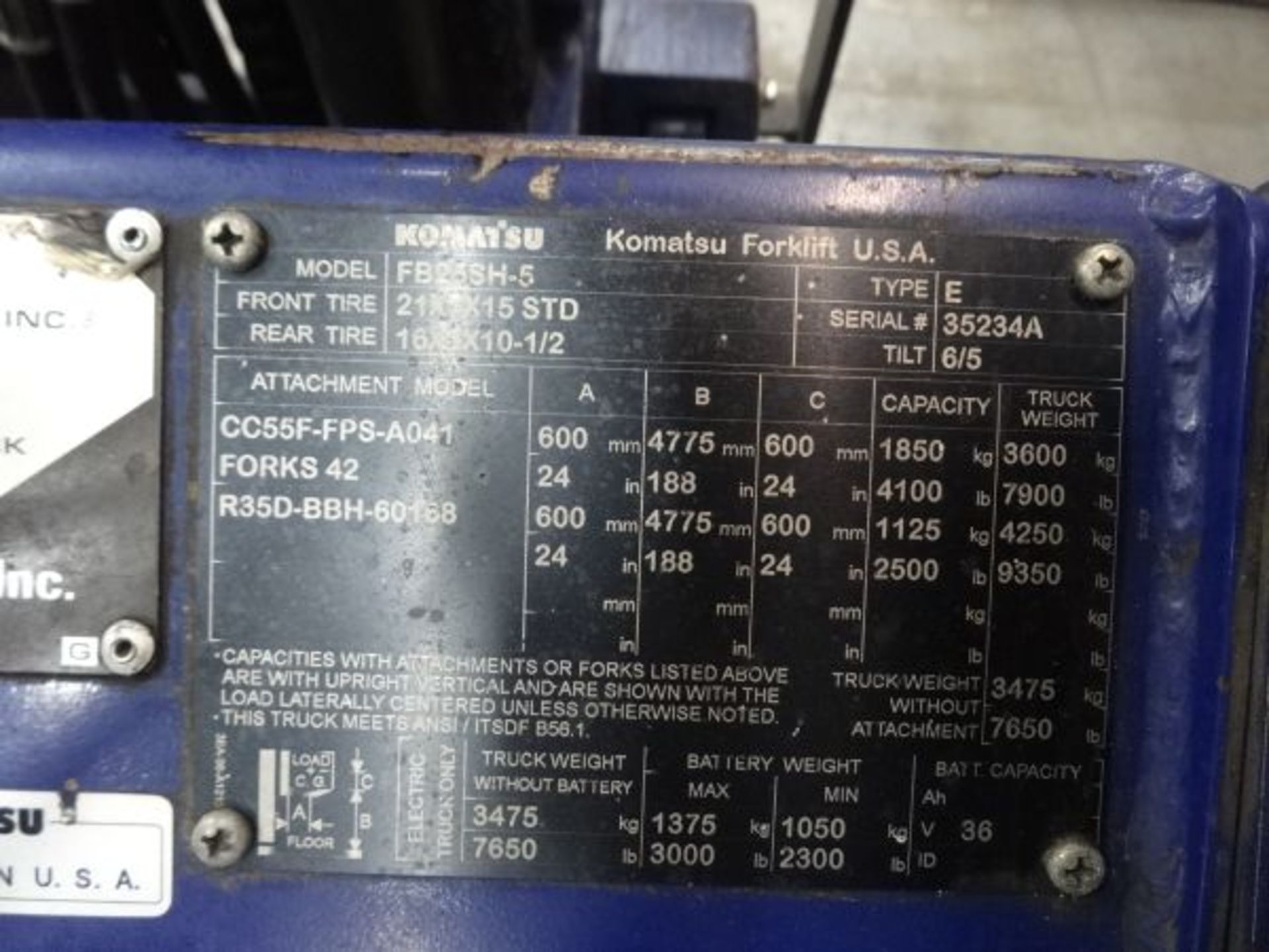 5,000 LB KOMATSU MODEL FB25SH-5 SIT-DOWN ELECTRIC LIFT TRUCK; S/N 731-6356587, 36-VOLT, 3-STAGE - Bild 6 aus 9
