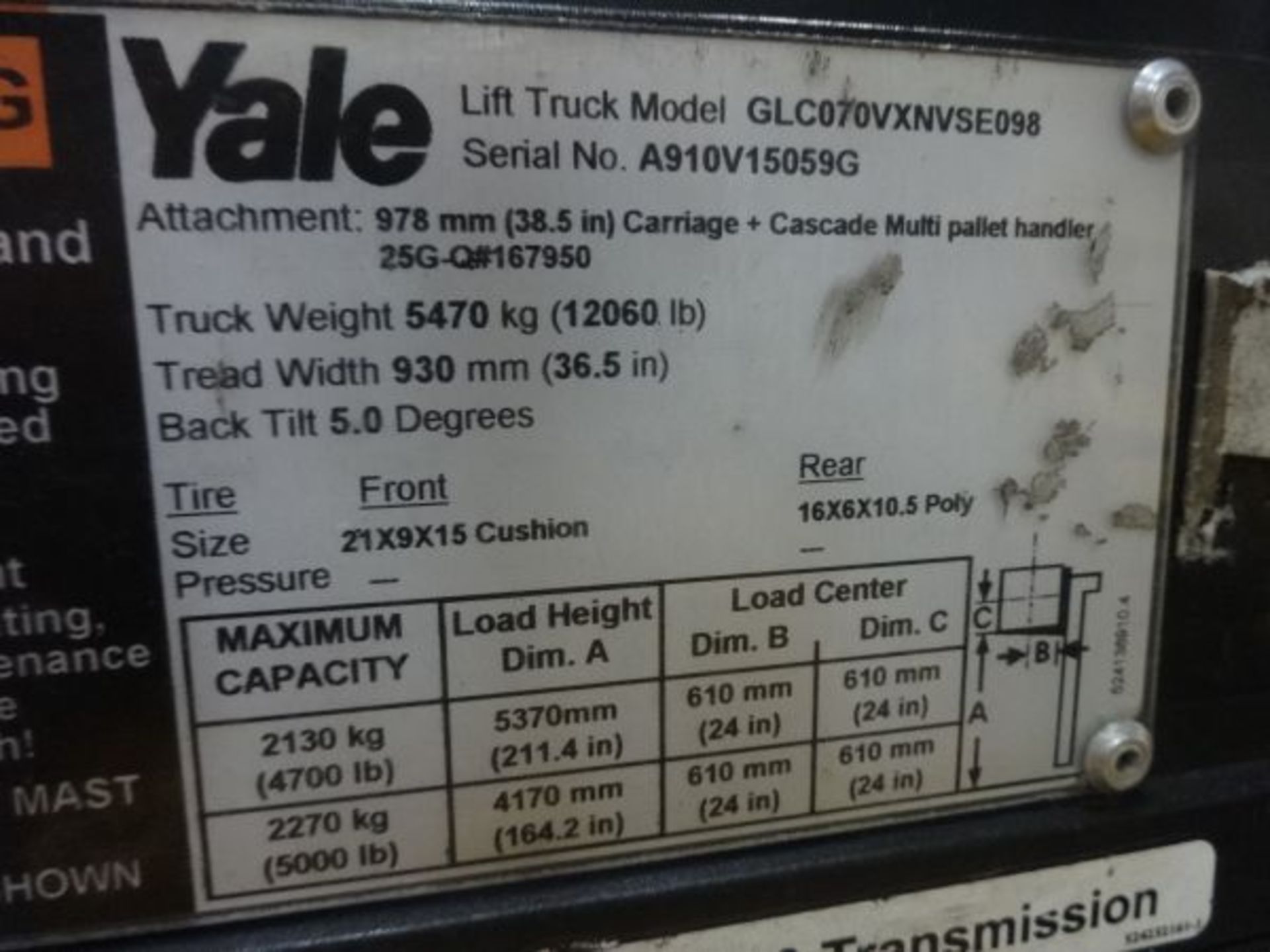 7,000 LB YALE MODEL GLC070 LP GAS SOLID TIRE LIFT TRUCK; S/N A910V15059G, FULL MODEL - Bild 6 aus 10