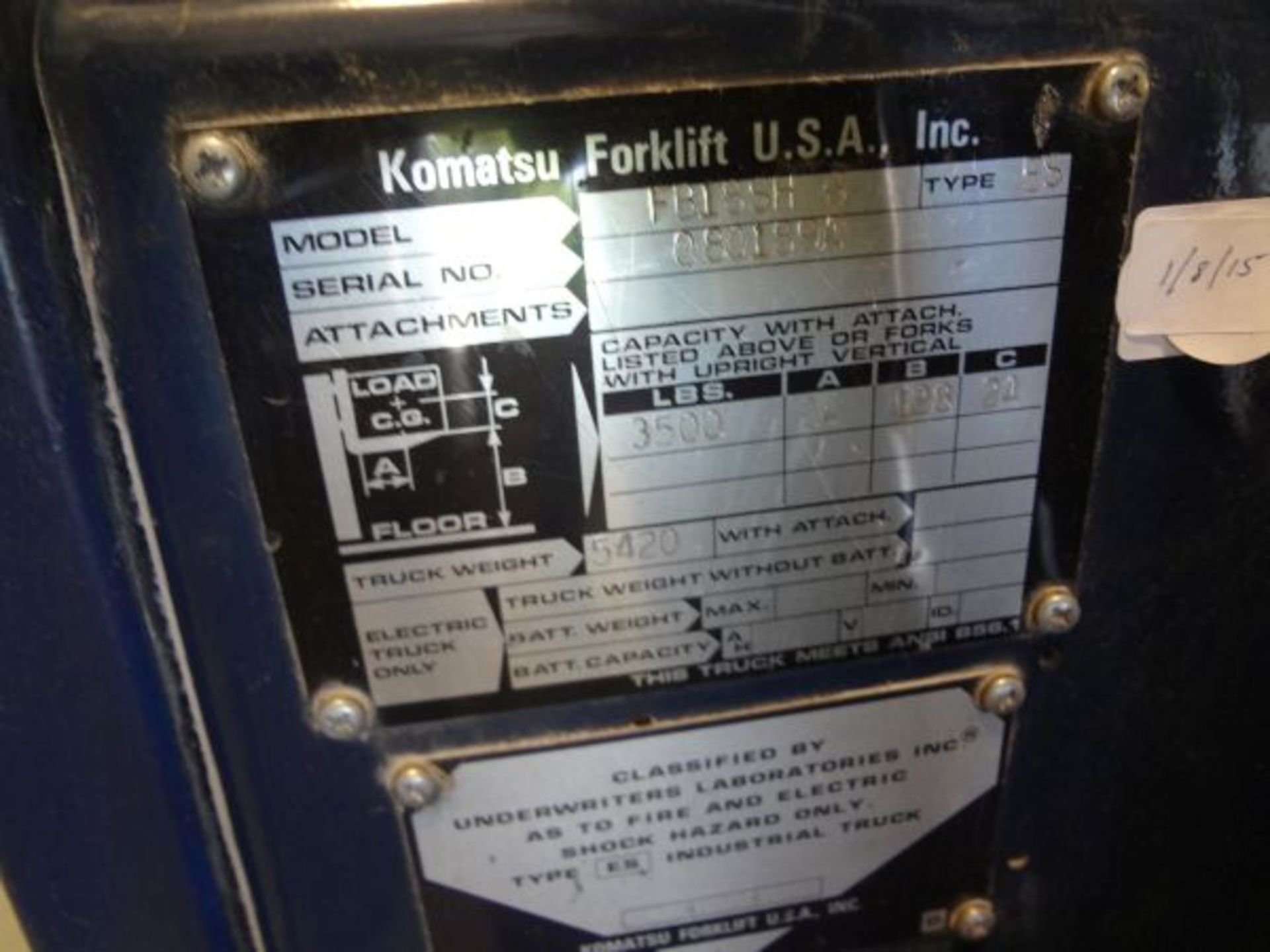 3,500 LB. KOMATSU MODEL FB18SH6 ELECTRIC LIFT TRUCK; S/N 080189A - Image 3 of 4