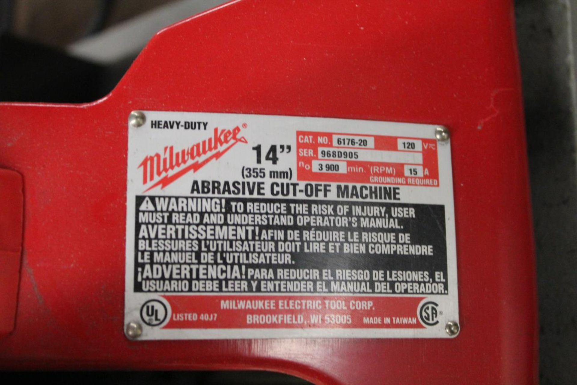 Milwaukee 14" Abrasive Cutoff Machine Catalog #6176-20, 120v/3900 RPM - Image 3 of 4