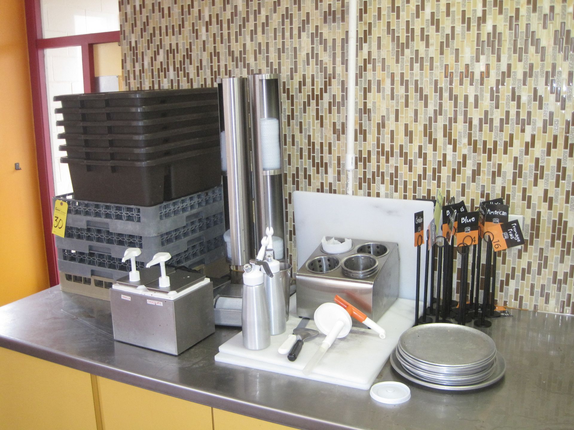 Kitchen Equipment Comprising of: Plastic Bins, S.S. Dispenser, Lid Holder, Cutting Boards, Whip