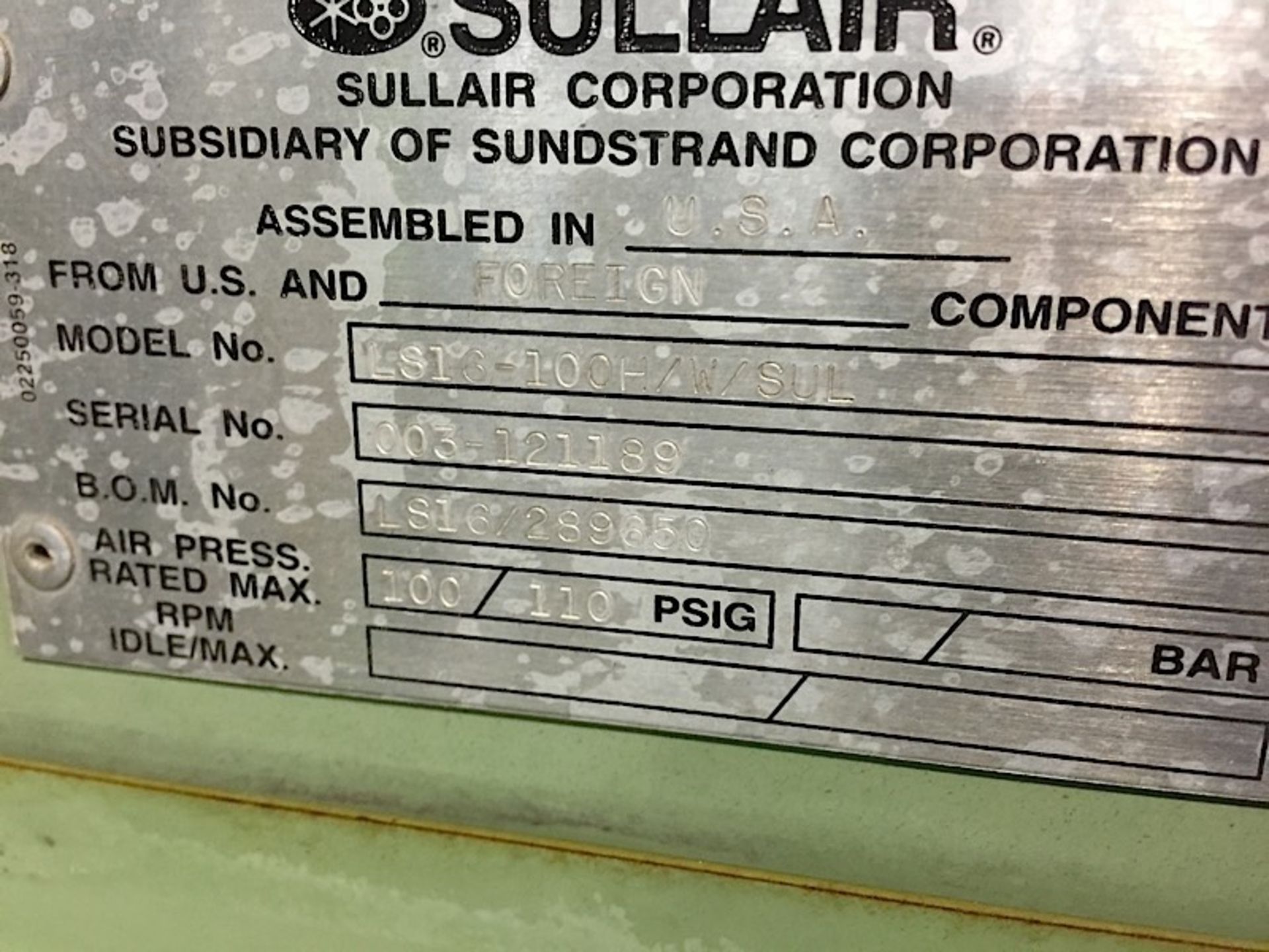 SULLAIR (LS-16) ROTATRY SCREW AIR COMPRESSOR 100HP - Image 2 of 2