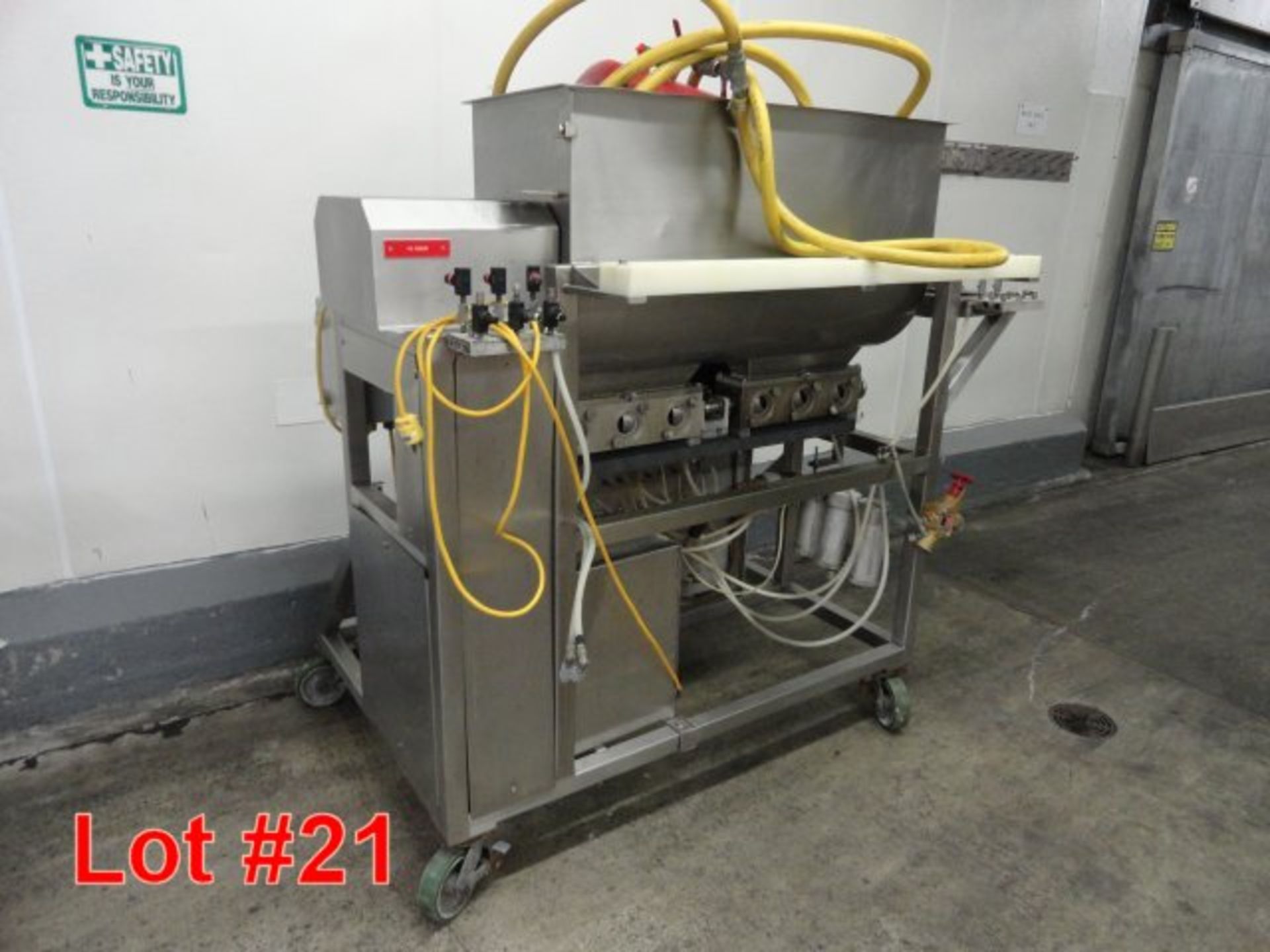 RAQUE 6-PISTON FILLER WITH AGITATED HOPPER, MOUNTED ON PORTABLE BASE. MD# PF - Image 2 of 4