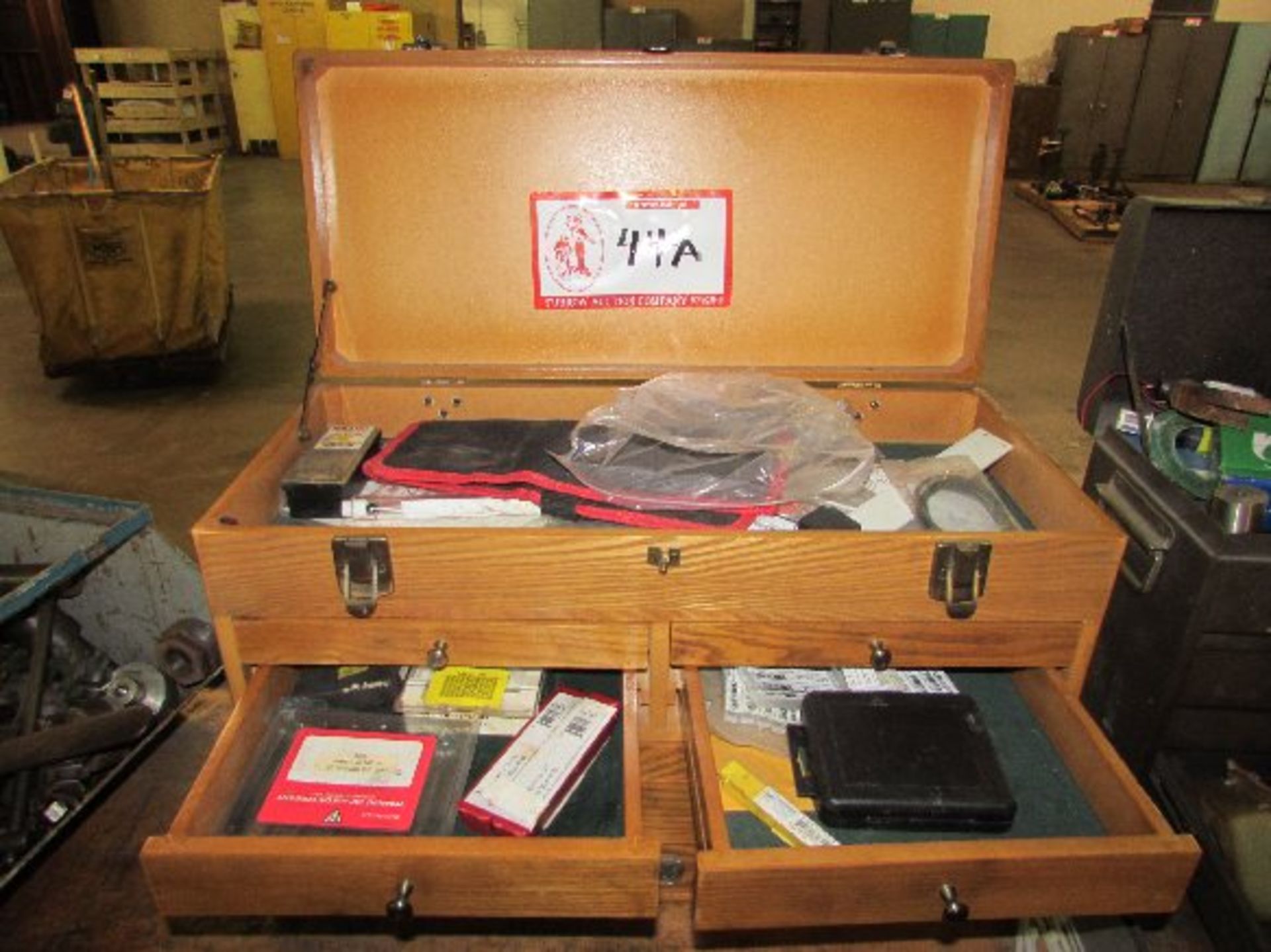 Wooden Tool Box W/Contents, Misc End Mill Bits, Die Inserts, Tooling, etc