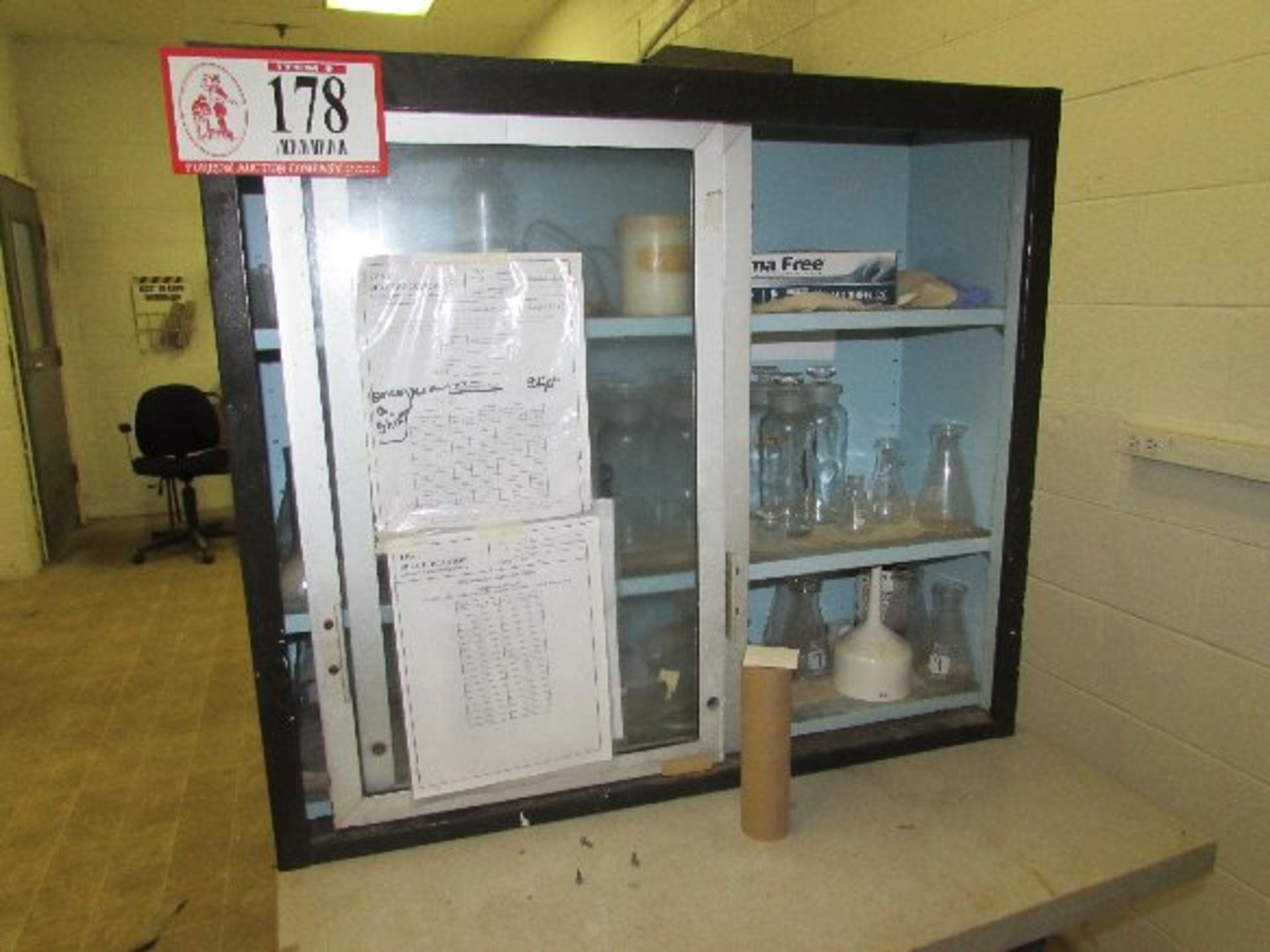 (3) Glass Front 2-Door Cabinets Metal Frame, W/Lab Beakers, Jars, etc