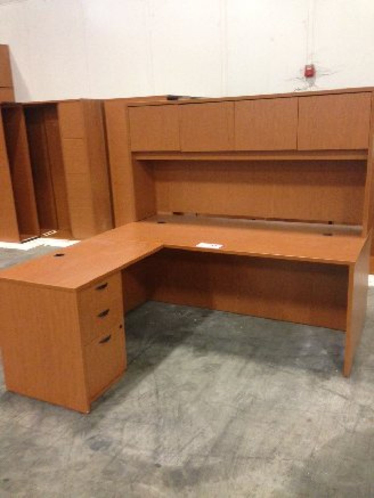 Laminated Desk w/Universal Return, Hutch and 3-Drawer Cabinet