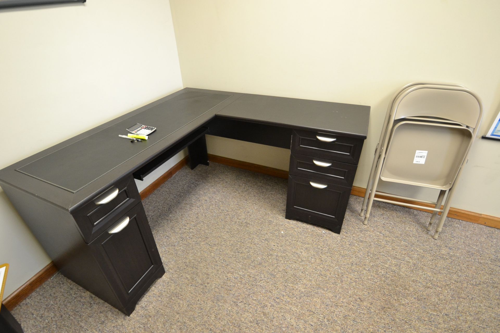 CONTENTS OF OFFICE, L-SHAPED DESK, WOOD, 4 DRAWER, 59"X59", DESK, WOOD, 5 DRAWER, 5'5"X30"
