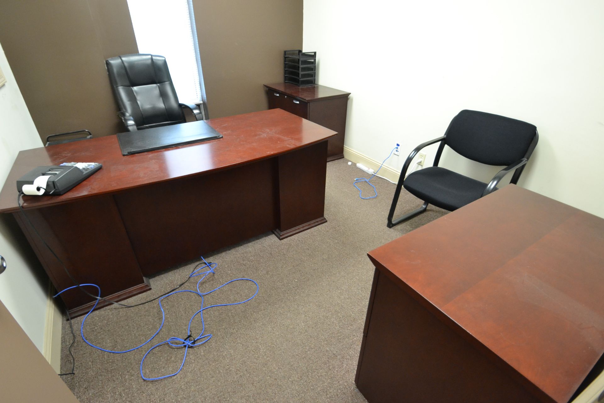 CONTENTS OF OFFICE, DESK, WOOD, 6'X3', 6 DRAWER, W/ COMPUTER CHAIR, (2) 2 DRAWER LATERAL FILING